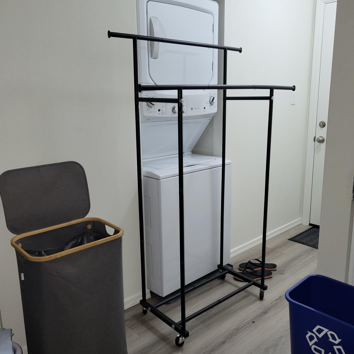 HYSEYY Double Rods Clothes Rack, Rolling Clothing Rack for Hanging Clothes Portable Wardrobe Rack, Metal Garment Rack Sturdy Coat Rack for Bedroom Laundry Living Room, Black customer photo 2