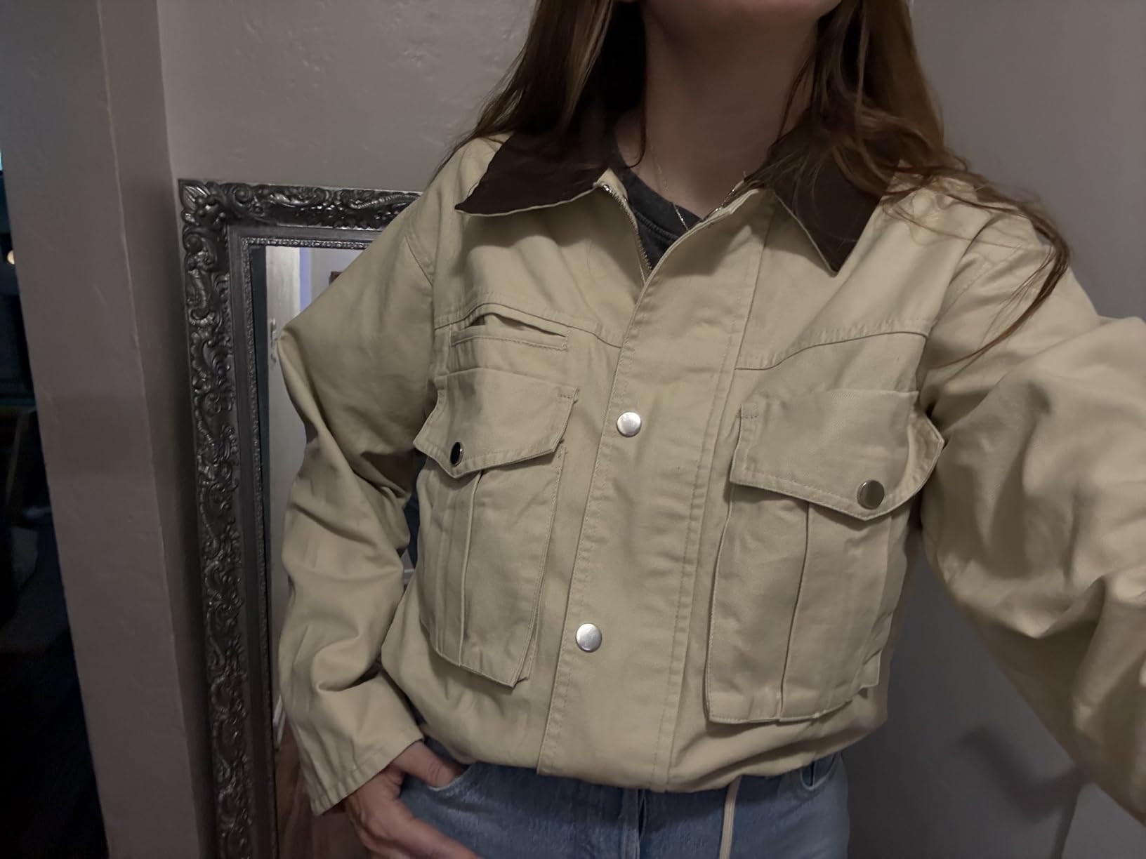 Megfie Womens Cropped Jacket Contrast Collar Utility Coat Cargo Jacket Barn Jacket Outwear with Pockets customer photo 1