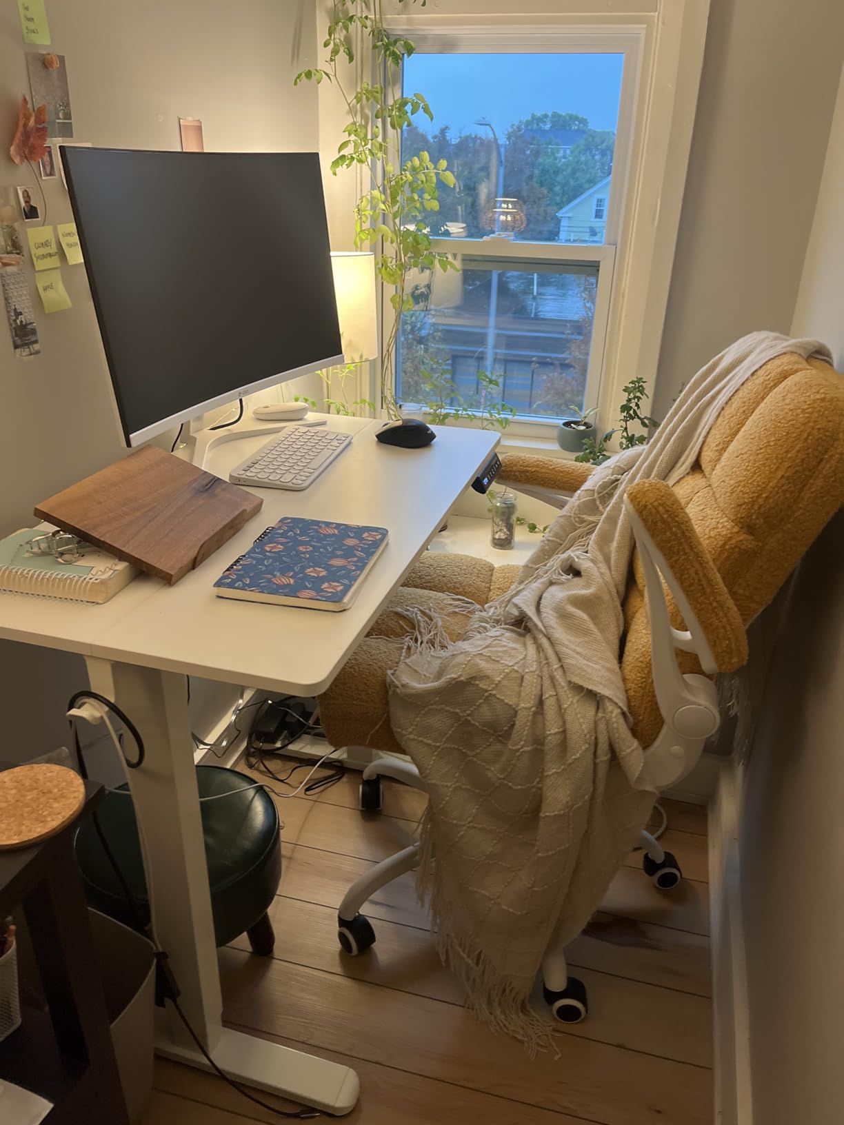 Small White Electric Standing Desk, 35x20 Inch Computer Desk | Sit Stand Rising Desk with 2 Hooks for Home Office, Compact Adjustable Height Desk with Splice Board customer photo 2