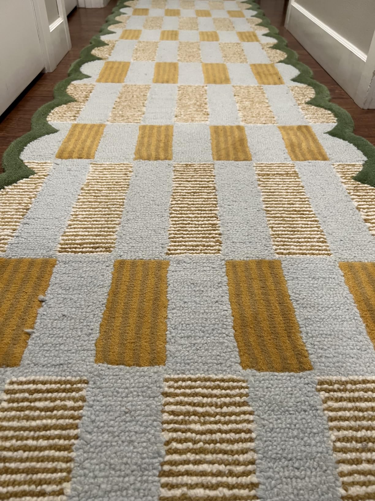 Hand Tufted Checkered 100% Wool Area Rug with Scalloped Edges - 8x10 Ft | Rectangular Light Blue Base, Mustard and Beige Blocks, Olive Green Scalloped Edge, Cotton Backing 10-15 mm Plush Pile Carpet customer photo 1