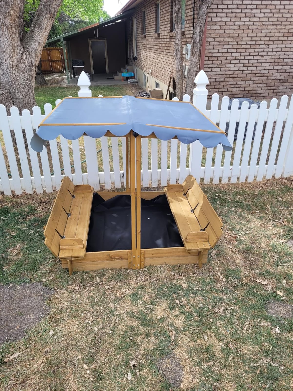 Kids Sandbox with Lid, Wooden Sand Box with Cover Outdoor, UV-Protection & Natural Wood, Foldable Bench Seat, Adjustable Canopy, Sand Box for Kids Ages 2-8 (47x47in) customer photo 1