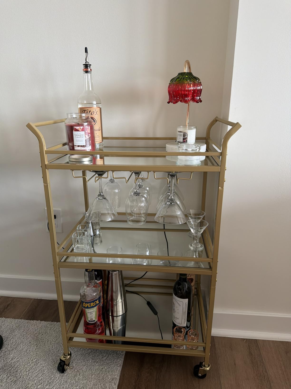 VASAGLE Bar Cart Gold, Large Home Bar Serving Cart with 3-Tier | Mirrored Shelf, Wine Holders, Glass Holders, Kitchen, 15 x 33.9 x 35.4 Inches, Gold ULRC083A02 customer photo 1