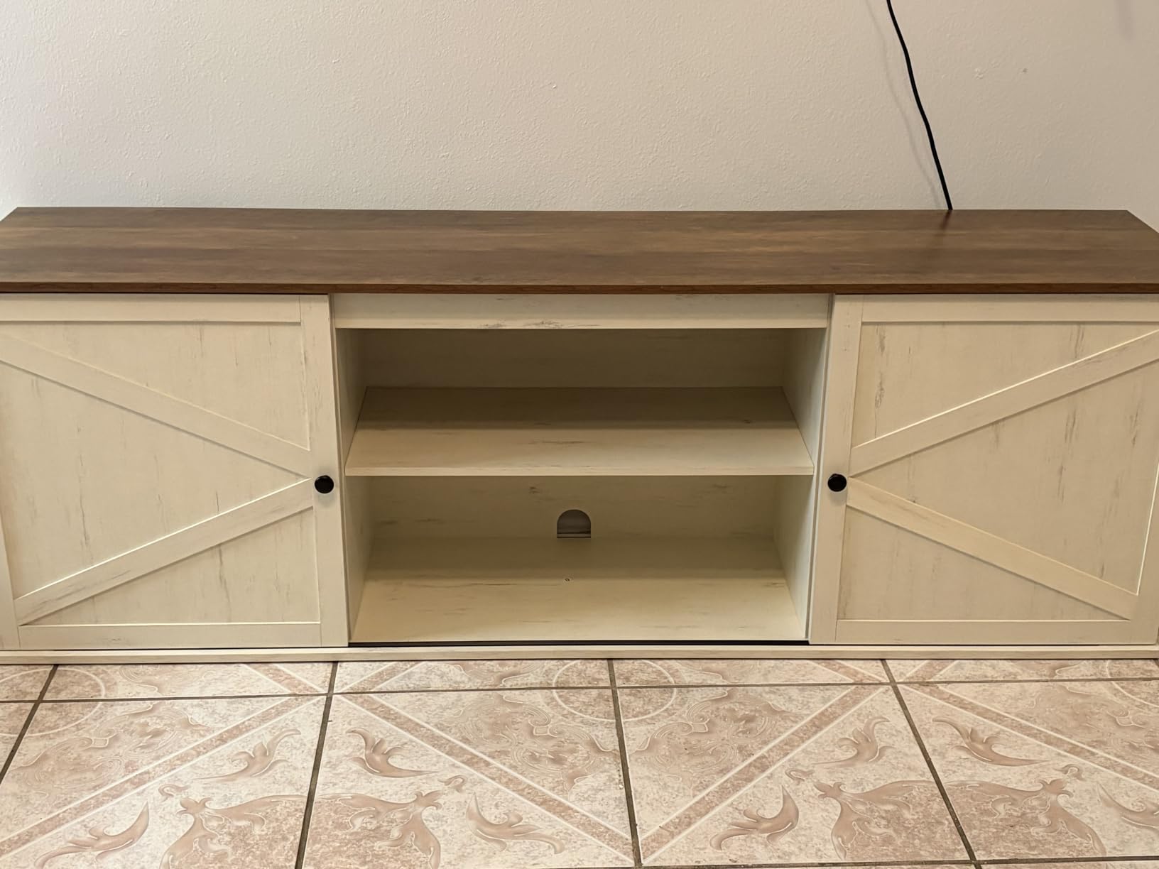 VASAGLE Farmhouse TV Stand for 80'' TV, Media Console, Sliding Barn Doors | Entertainment Center with Storage Cabinets, for Living Room, Rustic White and Honey Brown customer photo 1