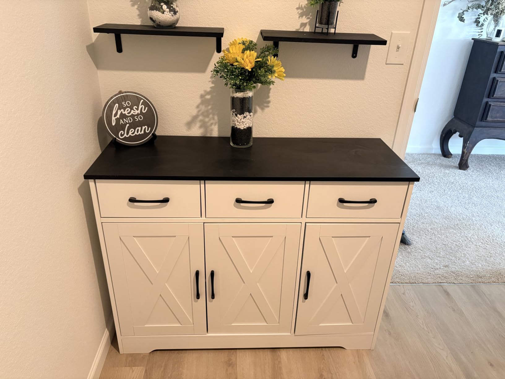 HOSTACK Kitchen Buffet Cabinet with Storage, Sideboard Coffee Bar, Black | Farmhouse Kitchen Storage Cabinet with 3 Drawers & Adjustable Shelf & Doors customer photo 1