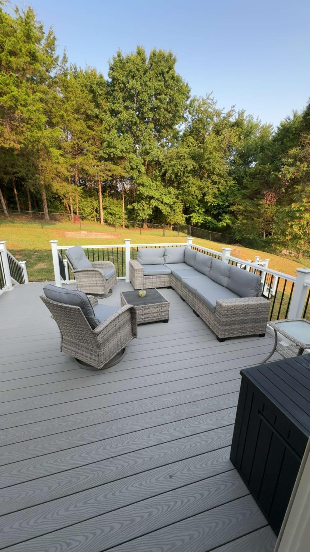 Outdoor Patio Furniture Set PE Wicker Rattan Outdoor Sectional Sofa | Patio Conversation Set with Rocking Swivel Chair, Chunky Arms Coffee Table & Thickened Cushions for Porch 9PCS, Navy Blue customer photo 1