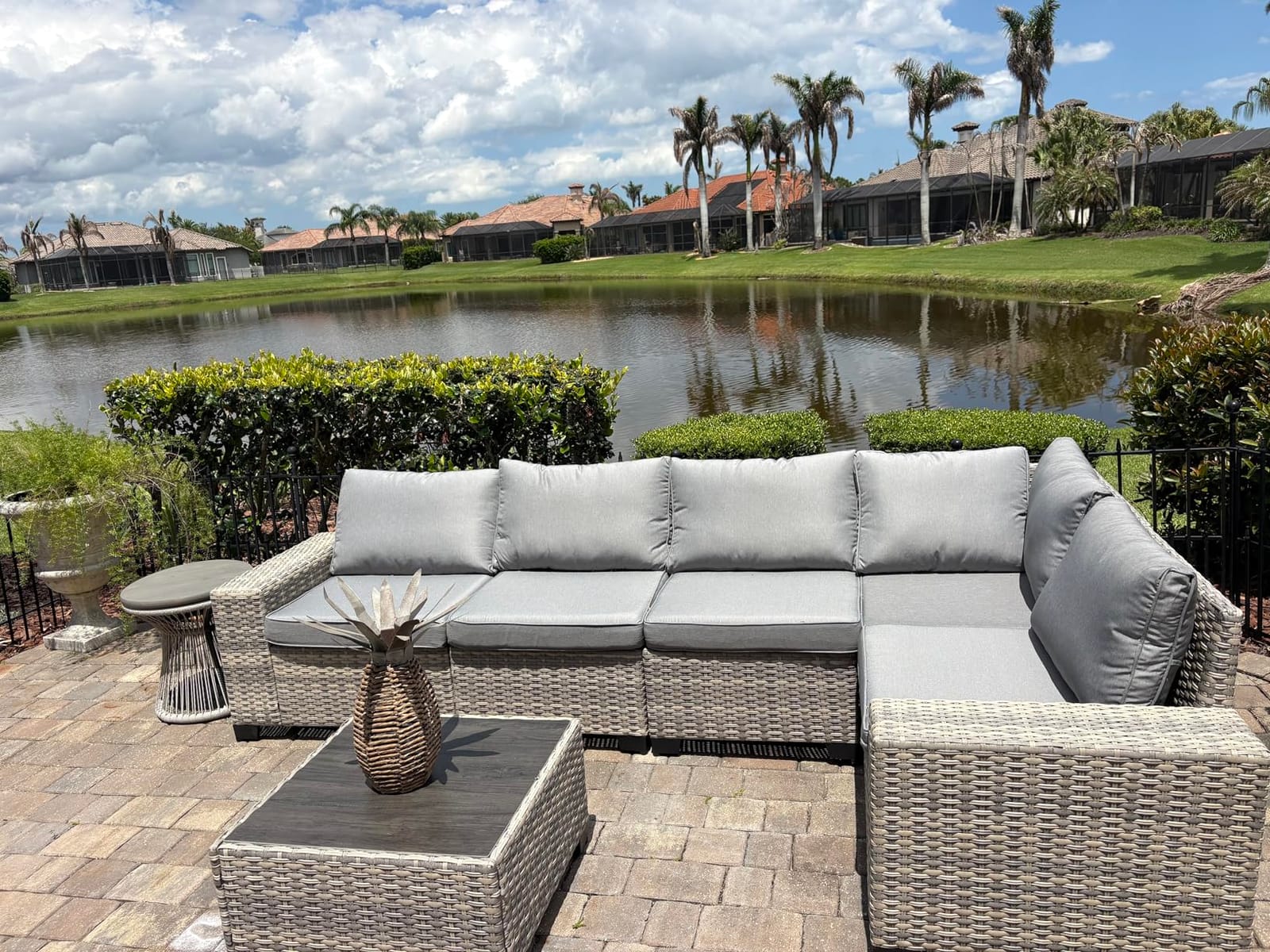 Outdoor Patio Furniture Set PE Wicker Rattan Outdoor Sectional Sofa | Patio Conversation Set with Rocking Swivel Chair, Chunky Arms Coffee Table & Thickened Cushions for Porch 9PCS, Navy Blue customer photo 2