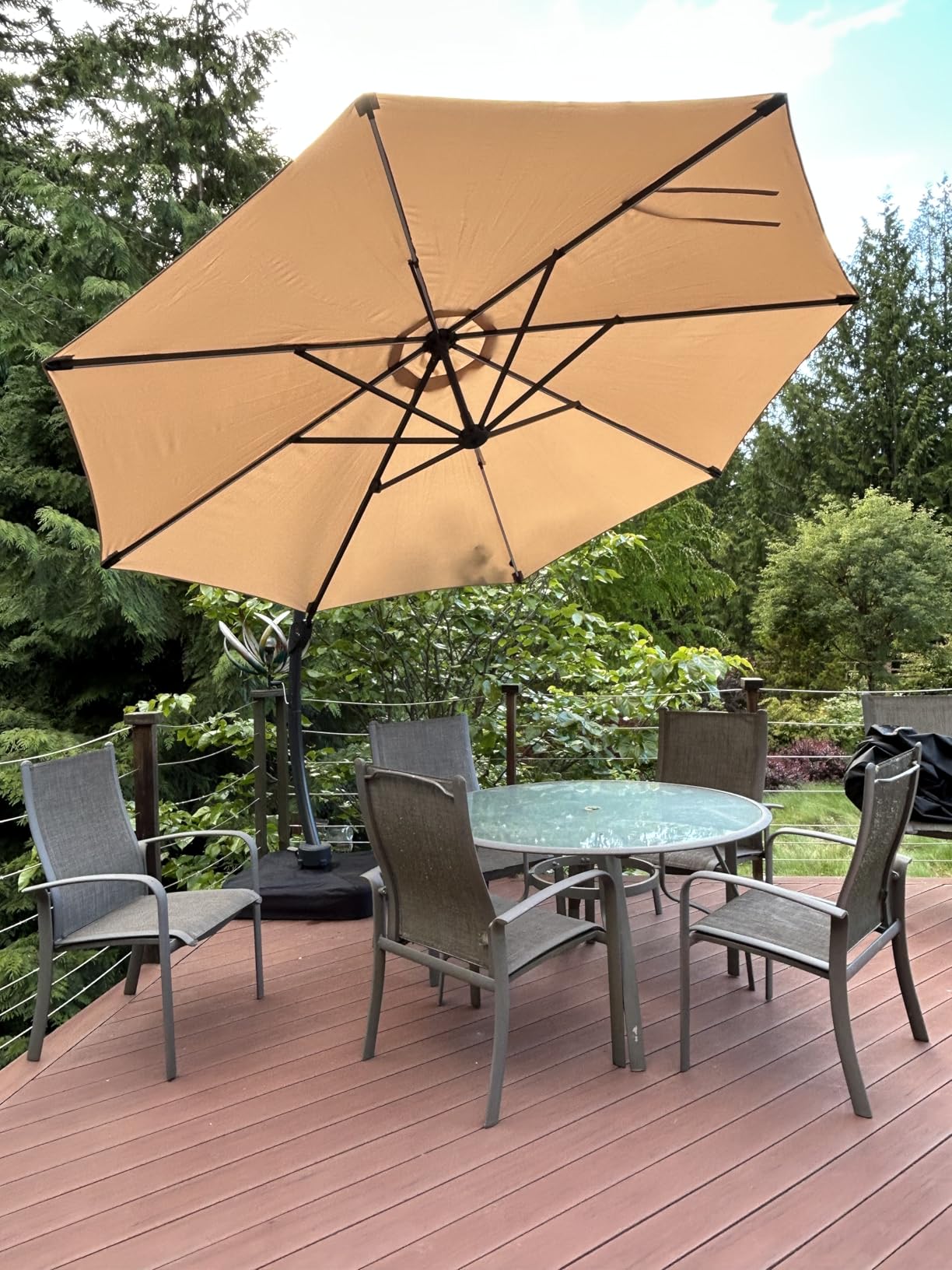 11FT Solar Powered LED Light Cantilever Patio Umbrella with Base Included, Large Cantilever Umbrella with 360°Rotation, Heavy-Duty Offset Outdoor Umbrella for Patio,Pool,Backyard (Champagne) customer photo 1