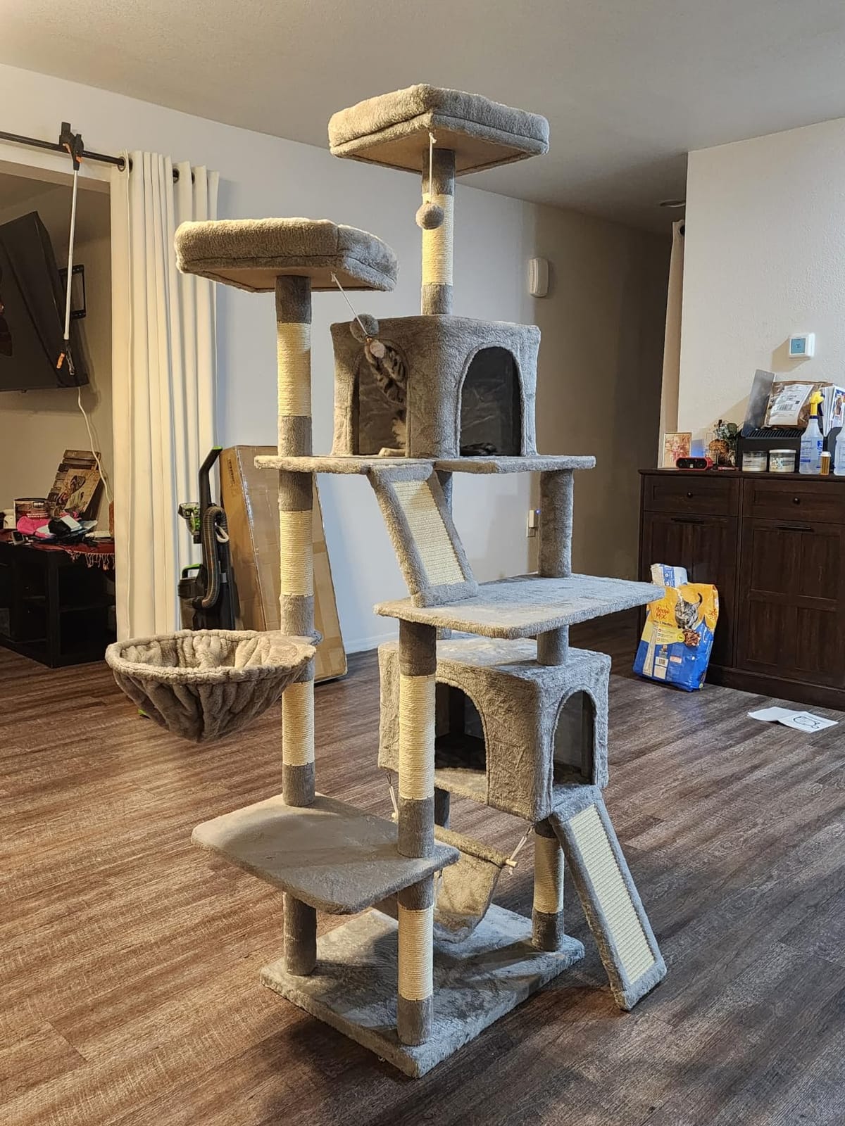 Gitelsnour Cat Tree, 71'' Tower for Large Cat with Scratching Post, GCT032G | 2 Cat Condo House for Indoor Cats Large Adult, 2 Scratching Boards, 7 Posts, 2 Plush Perches, Hammock, Basket, Smoky Gray customer photo 1