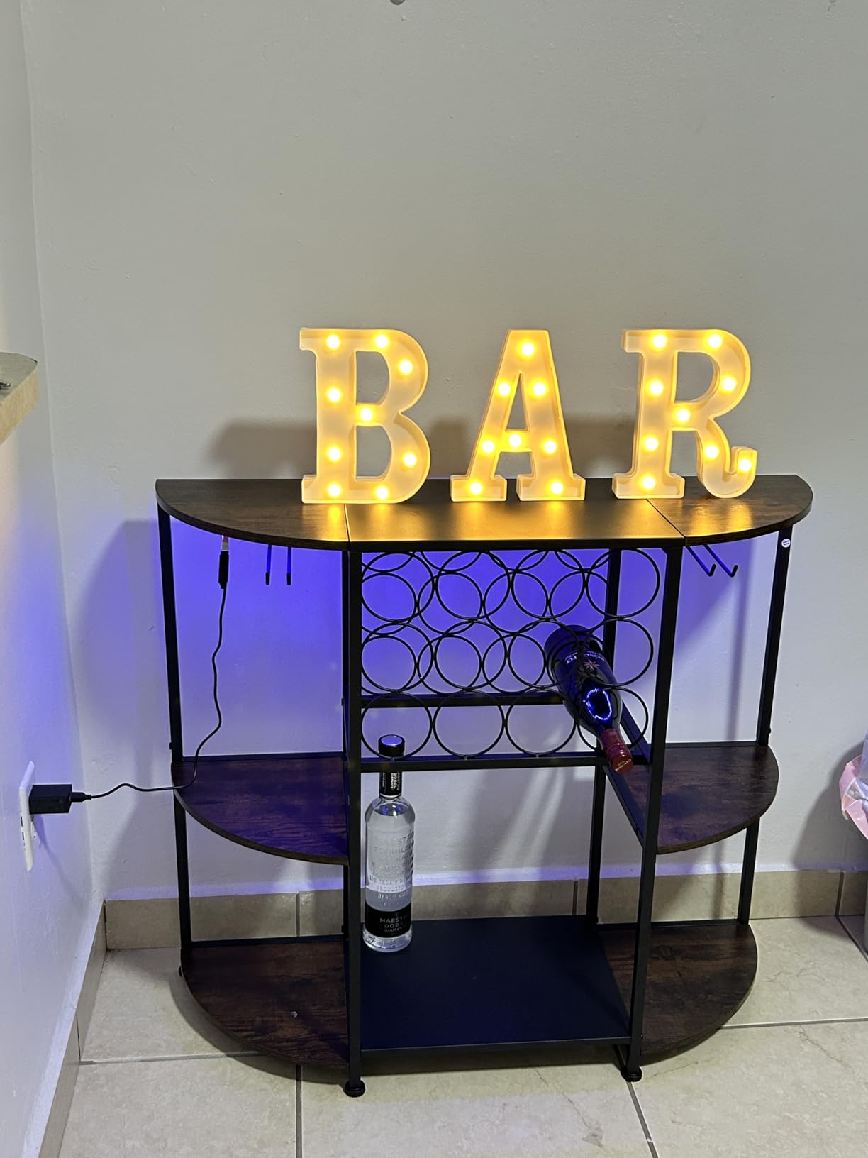 JKsmart Wine Bar Cart with LED Lights, Mini Wine Rack with Storage and Glass Holder, Small Home Bar Cart for Liquor, 3-Tier Bar Table for Kitchen, Dining Room, Living Room, Rustic Brown customer photo 1