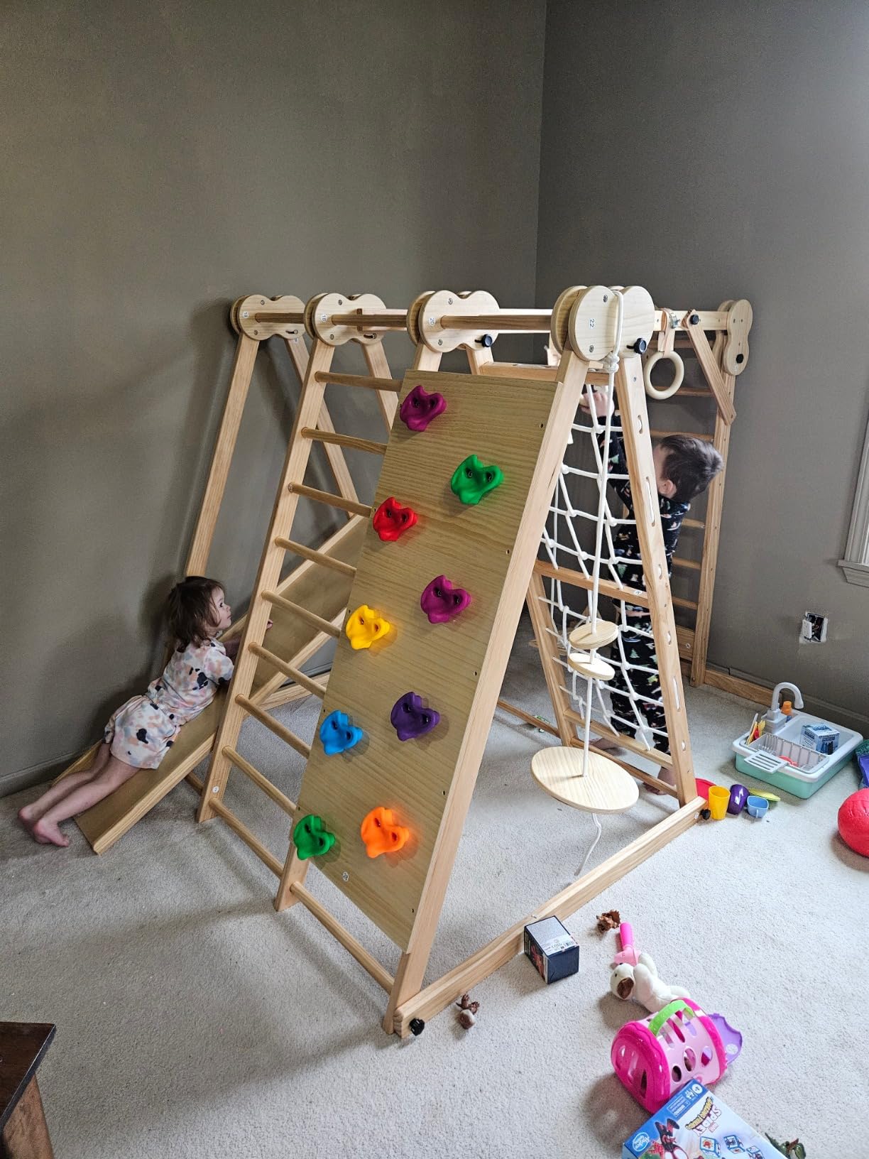 8-in-1 Indoor Play Gym - Toddler Jungle Gym for Kids Ages 2-6 - Indoor Playground Wooden Climbing Playset with Slide, Monkey Bars, Ladder, Rope Ladder, Rock Climbing, Swing, Rings, Disc Swing customer photo 1