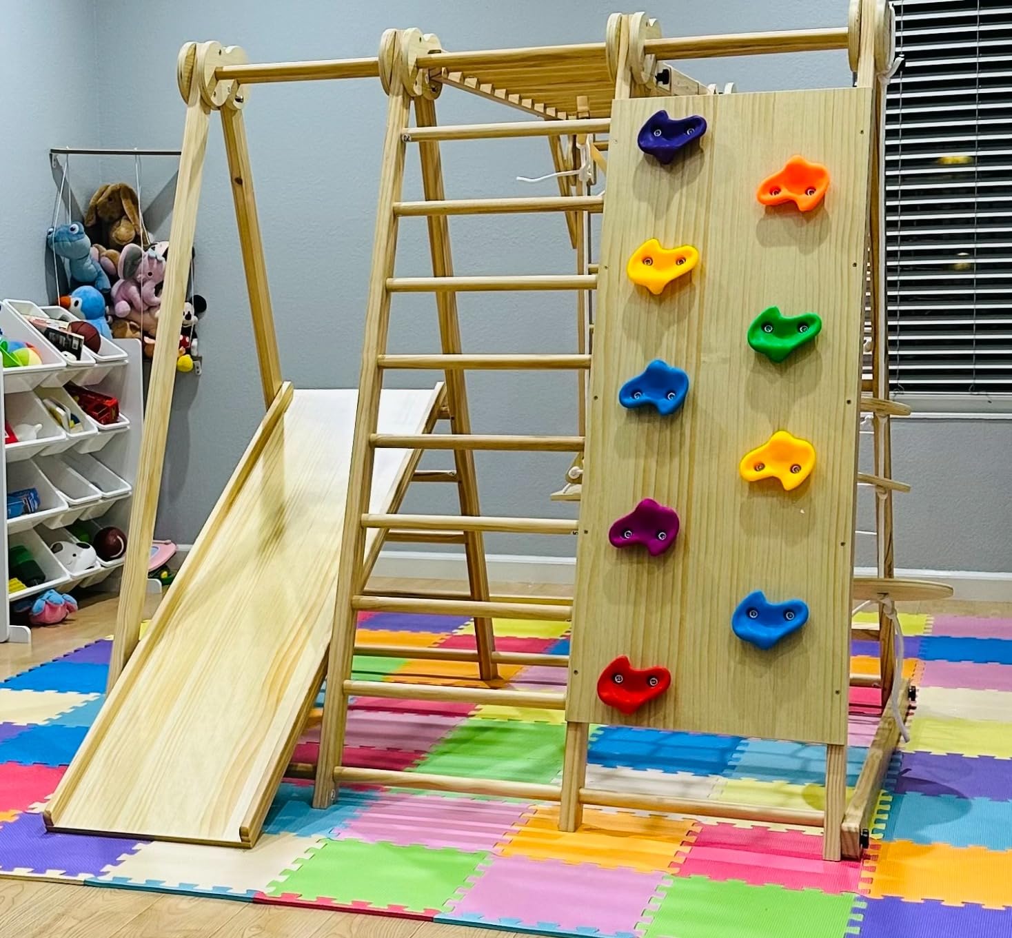 8-in-1 Indoor Play Gym - Toddler Jungle Gym for Kids Ages 2-6 - Indoor Playground Wooden Climbing Playset with Slide, Monkey Bars, Ladder, Rope Ladder, Rock Climbing, Swing, Rings, Disc Swing customer photo 2