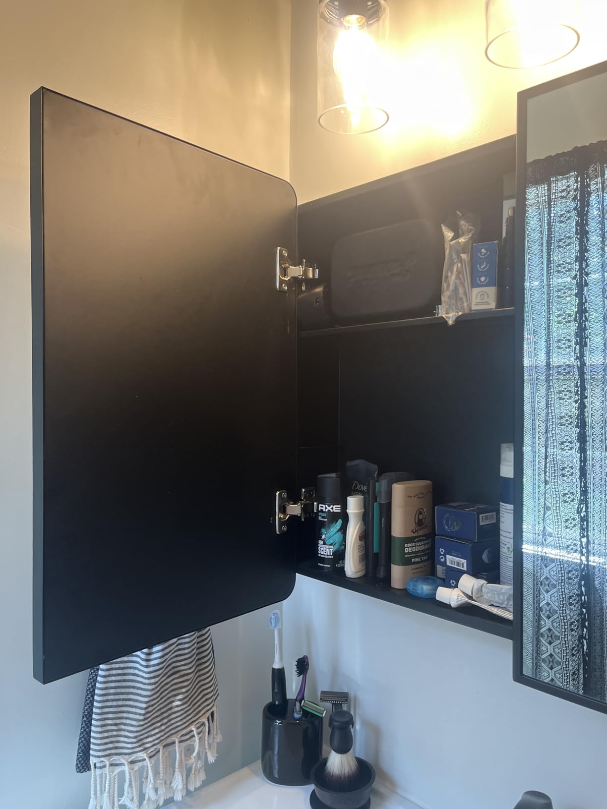 Medicine Cabinet with Mirror, 14x18 Inch Black Bathroom Mirrored Cabinet, Metal Framed Wall Cabinet with Beveled Mirror, Modern Surface Mount or Recessed Medicine Cabinet with Storage customer photo 1