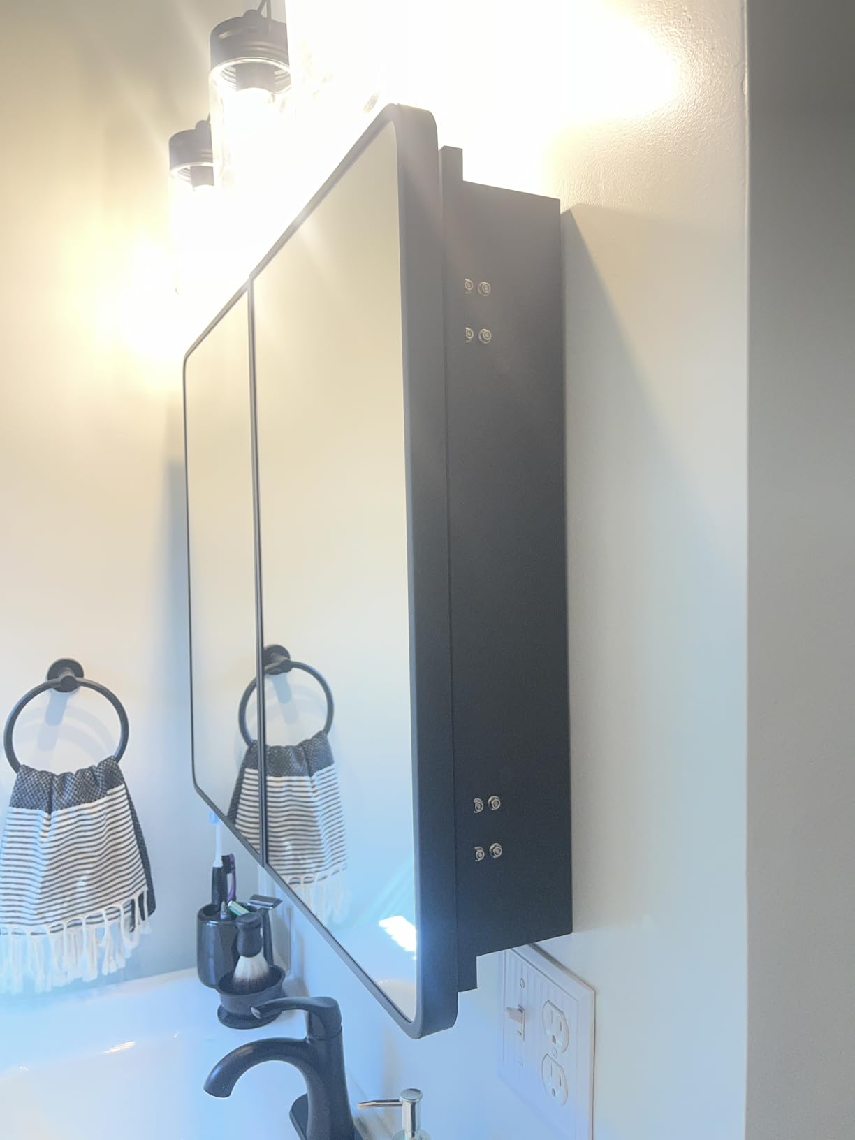 Medicine Cabinet with Mirror, 14x18 Inch Black Bathroom Mirrored Cabinet, Metal Framed Wall Cabinet with Beveled Mirror, Modern Surface Mount or Recessed Medicine Cabinet with Storage customer photo 2