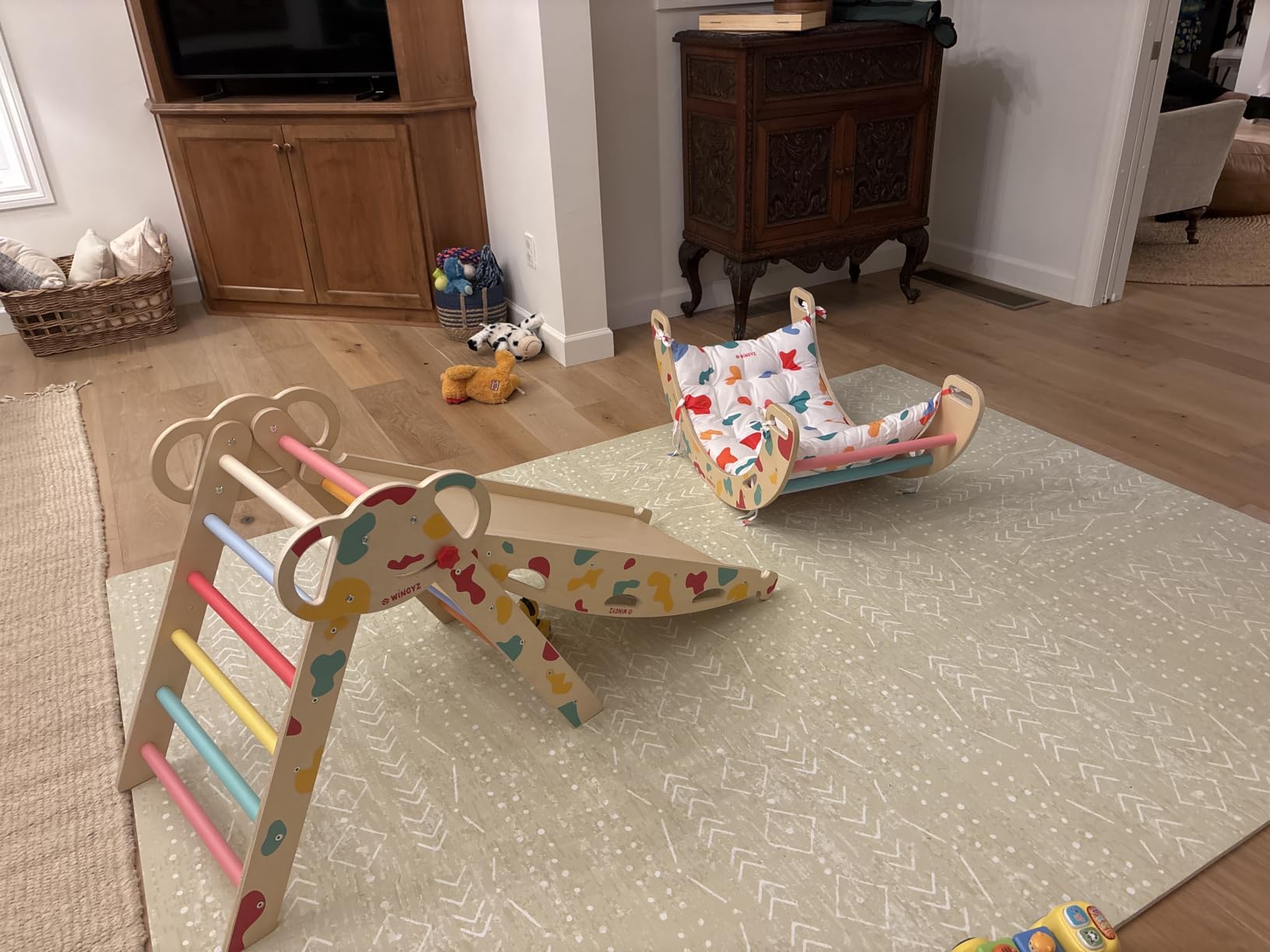 WINGYZ Pikler Triangle Set, Montessori 8-in-1 Climbing Set with Cushion | Wood Jungle Gym for 18M-5Y, Foldable, Reversible Animal Slide, Patent-Protected, 2.35in Gap, ASTM F963, Rainbow customer photo 1