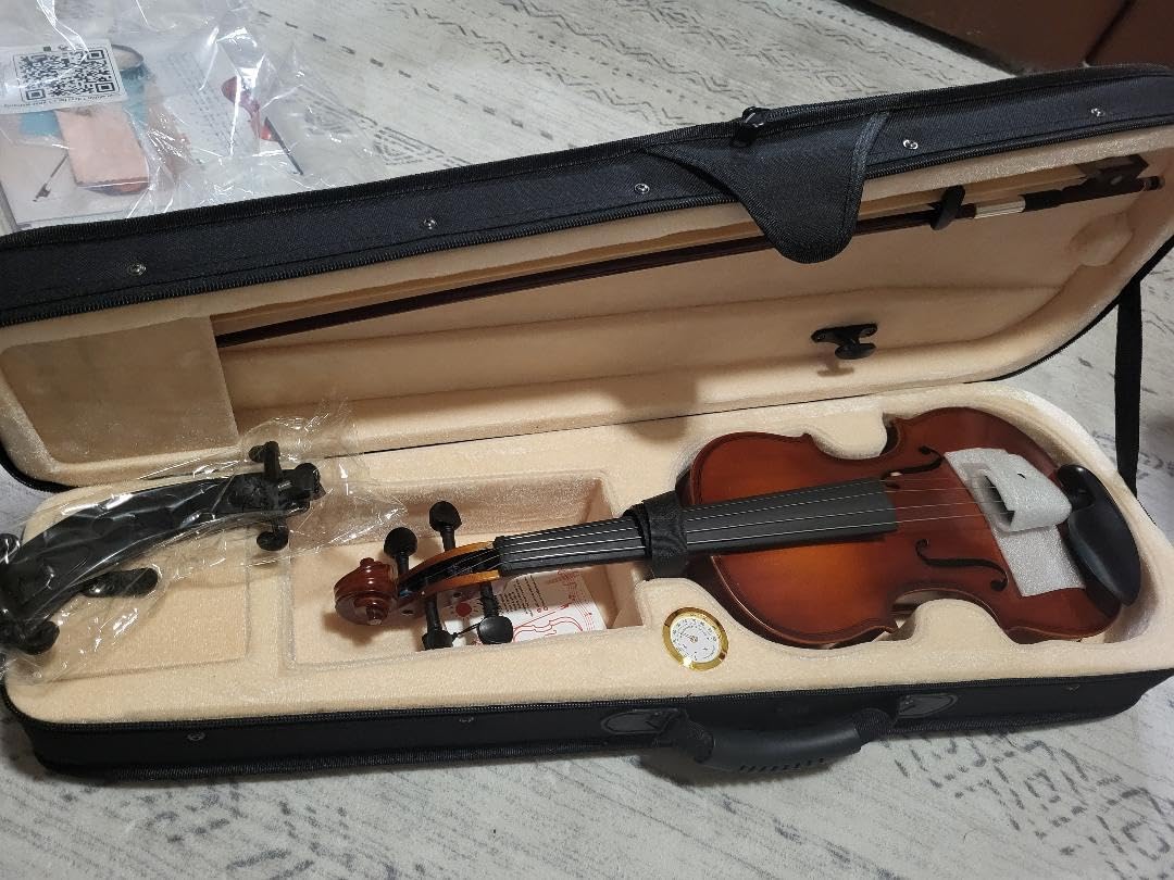 Kmise Violin 4/4 Full Size Starter Kit for Students Beginners Adults, Quality Ebony Acoustic Fiddle Set with Hard Case, Bow, Rosin, Extra Strings, Shoulder Rest, Guide & Chart customer photo 1
