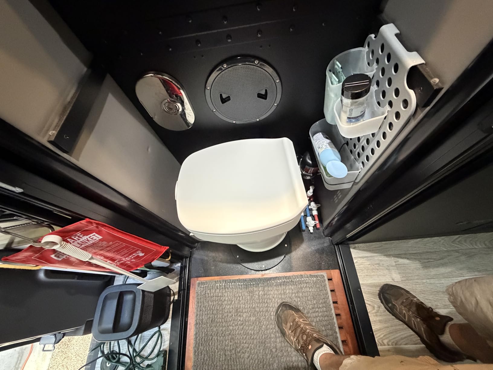 R1808 Fixed RV Dry Flush Toilet, Waterless Rechargeable, White | rechargeable no-plumbing toilet swivel top for RVs, boats, off-grid, emergency and care use, Loo Seal waterless sealing customer photo 1