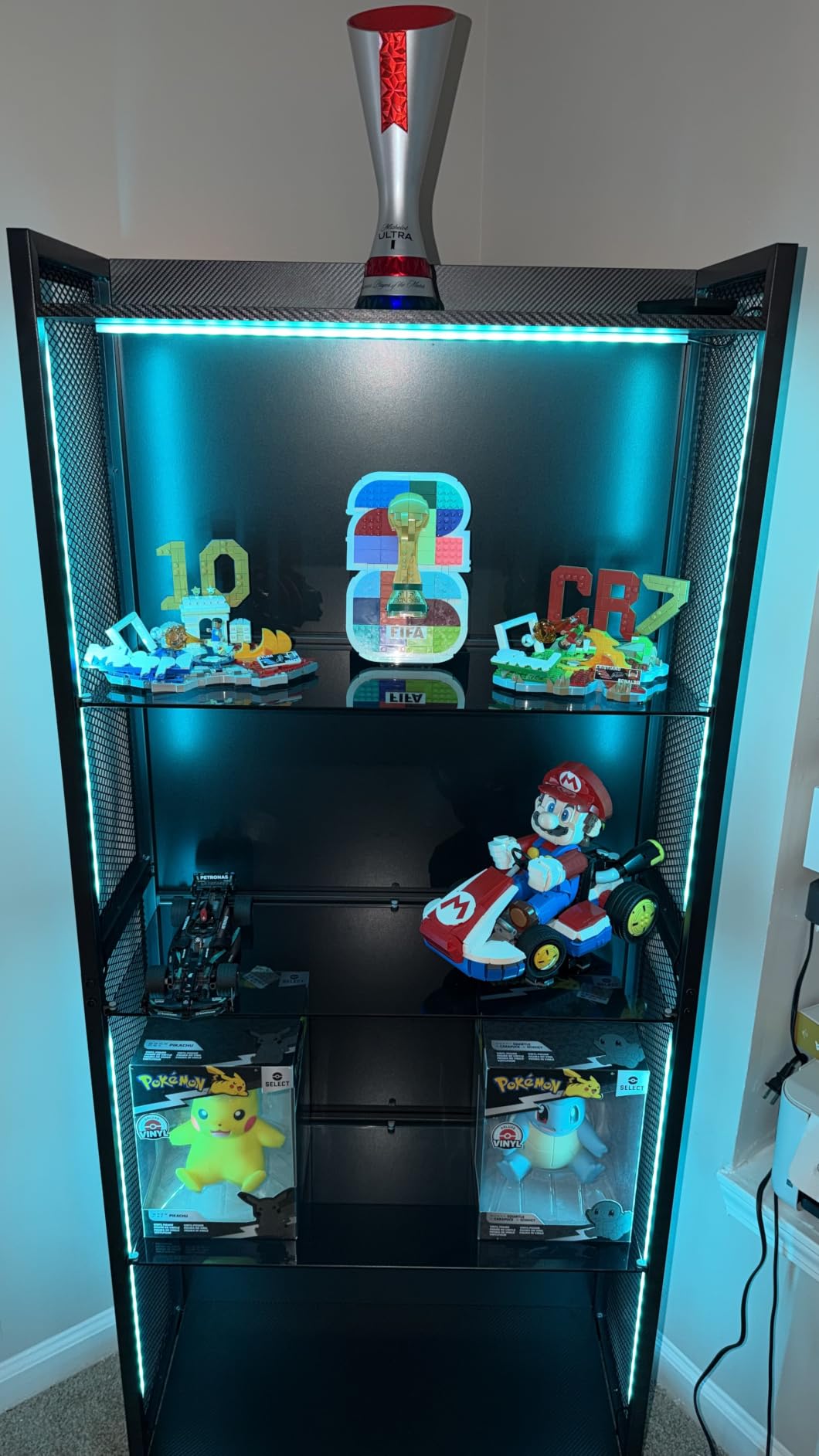 AODK Display Case with Glass Shelves & RGB Lights, 4-Tier Display Cabinet | LED Display Shelf with Industrial Metal Mesh & Open Shelf Design for Collectibles, Black Curio Cabinet, Book Case customer photo 1