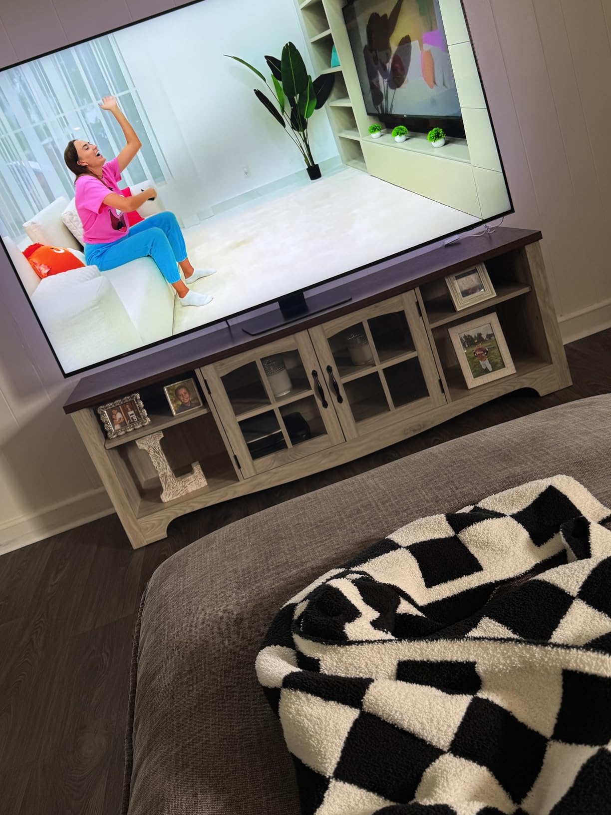 LINSY HOME TV Stand for 75 Inch TV, Modern Farmhouse Entertainment Center with Storage Cabinets and Glass Doors, Tall Media Console Table for Living Room, Bedroom, Large Long Television Stand, Beige customer photo 2