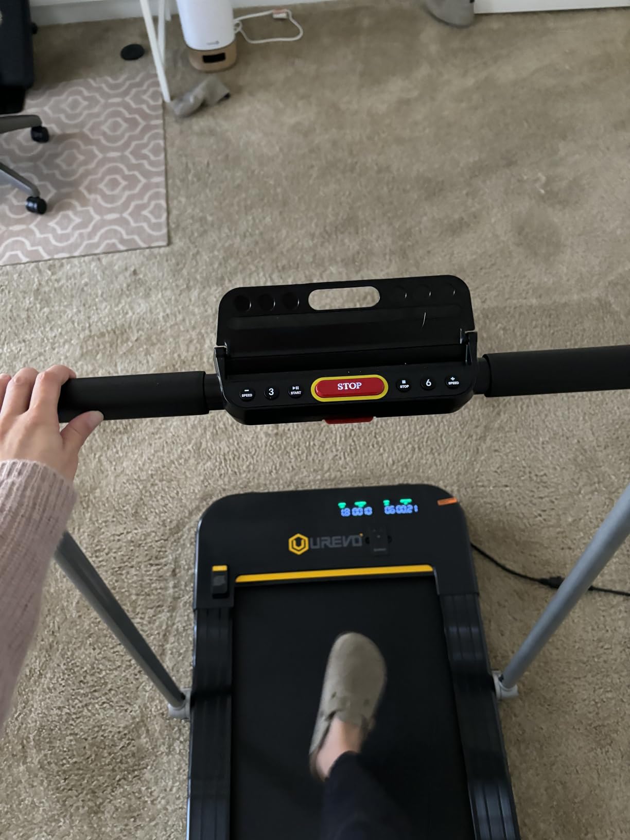 UREVO Strol 2E Smart 2-in-1 Folding Treadmill, Compact Walking Pad with Safety Handle, Plug and Play, Standing Desk Treadmill with Dual LED Display, Smart APP, Walking or Running for Home customer photo 1