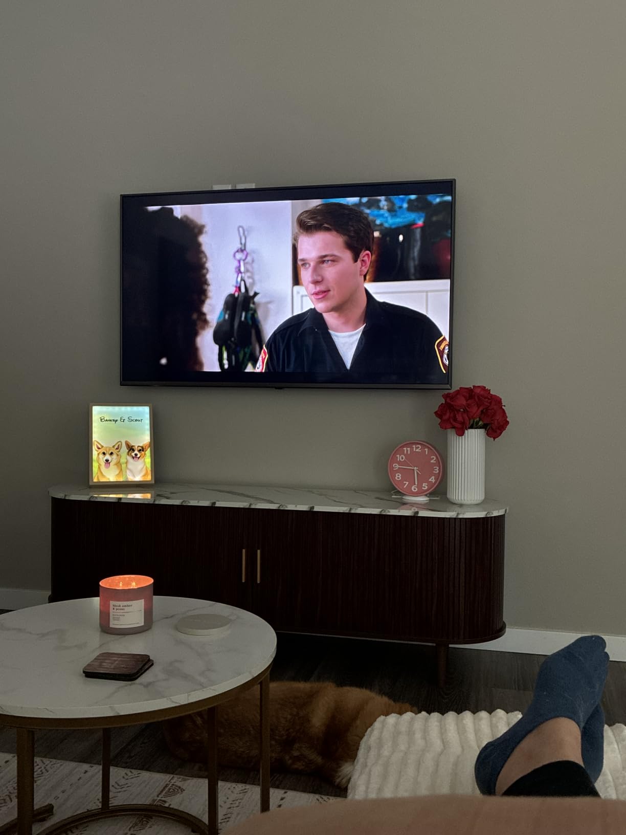 DHH 70.8 Inch Mid Century Modern TV Stand with Power Outlet for TVs up to 80 Inch, Entertainment Center with Storage and Adjustable Shelves, Media Console with Sliding Doors for Living Room, Black customer photo 1