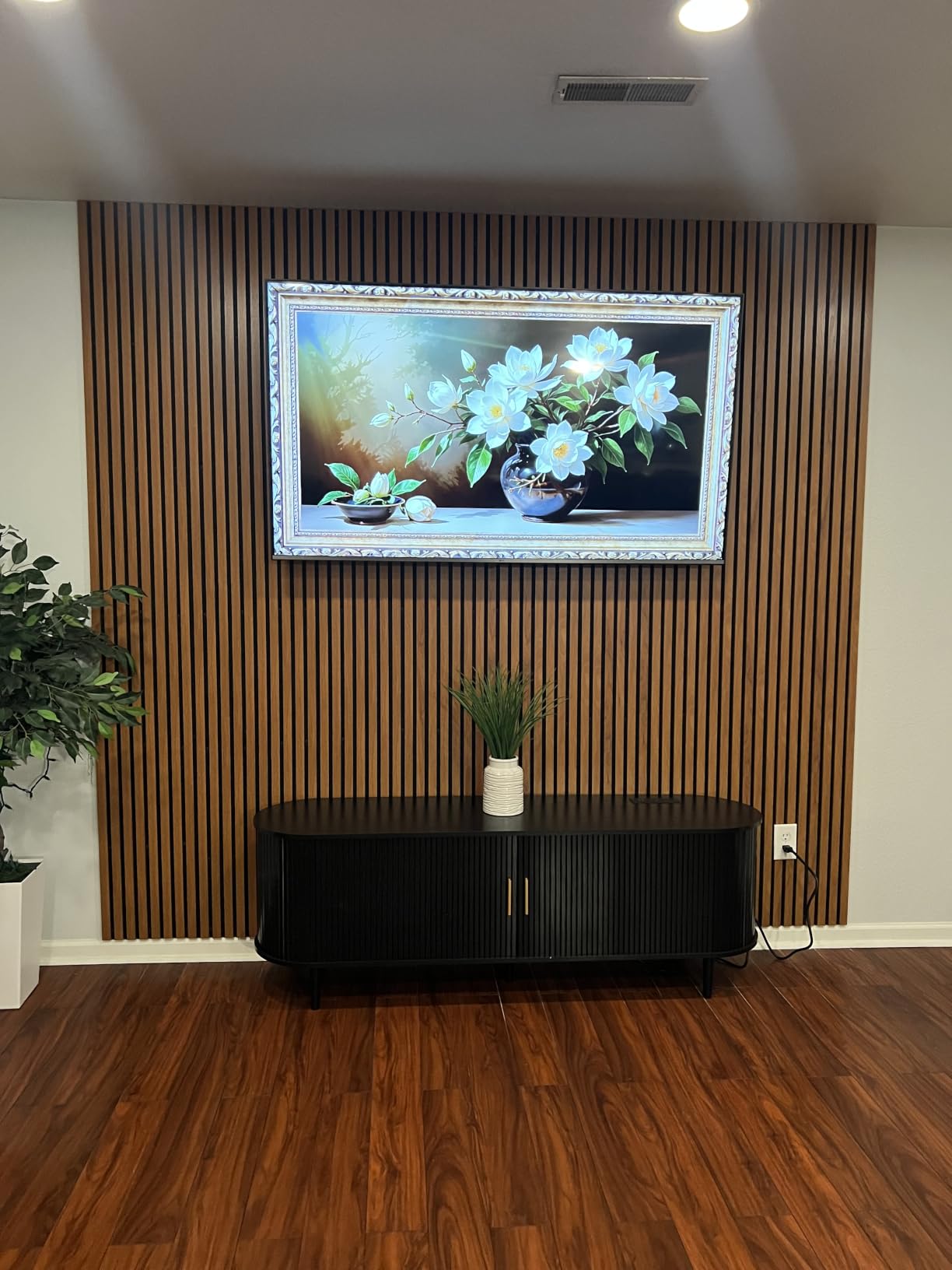 DHH 70.8 Inch Mid Century Modern TV Stand with Power Outlet for TVs up to 80 Inch, Entertainment Center with Storage and Adjustable Shelves, Media Console with Sliding Doors for Living Room, Black customer photo 2