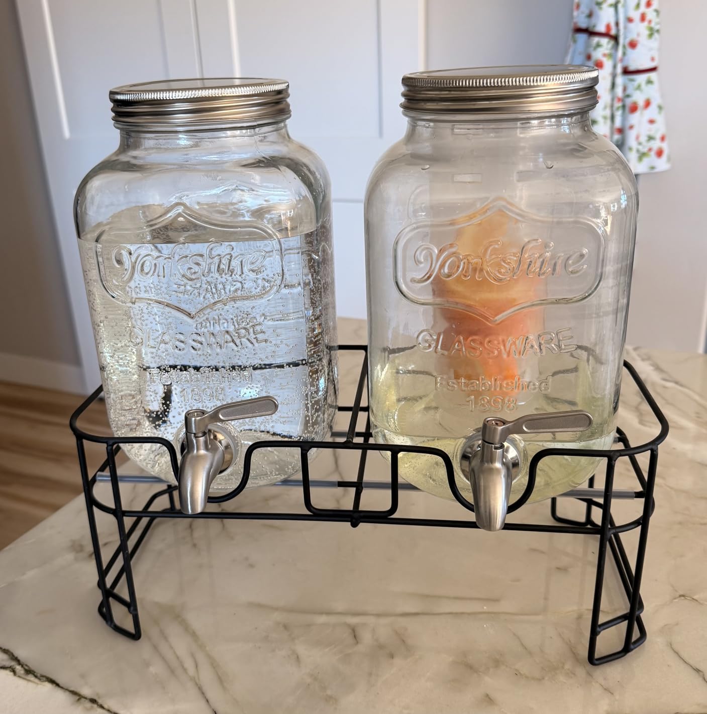 KIKCOIN 1 Gallon Glass Drink Dispensers for Parties, 2 Pack Leakproof Beverage Dispenser with Stand & 18/10 Stainless Steel Spigot & Filter - for Lemonade, Juice, Sun Tea, Punch- ALL DISHWASHER SAFE customer photo 1