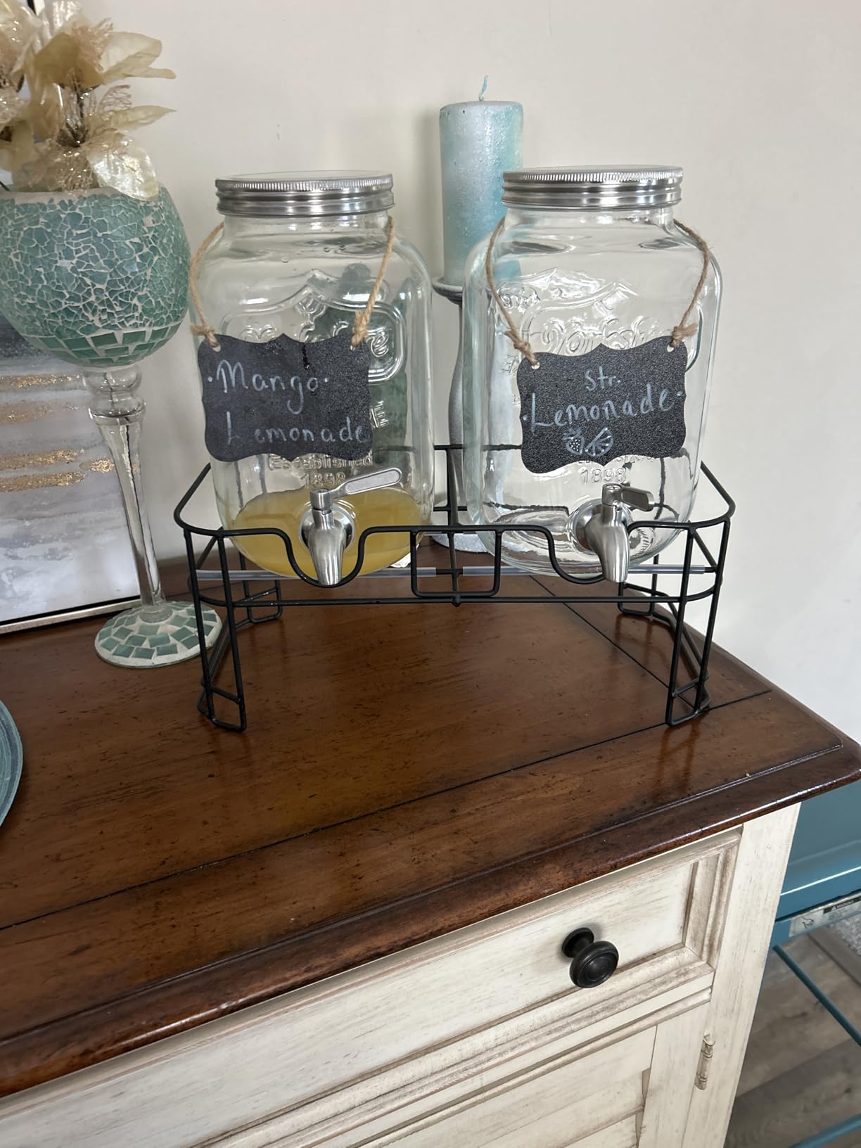 KIKCOIN 1 Gallon Glass Drink Dispensers for Parties, 2 Pack Leakproof Beverage Dispenser with Stand & 18/10 Stainless Steel Spigot & Filter - for Lemonade, Juice, Sun Tea, Punch- ALL DISHWASHER SAFE customer photo 2