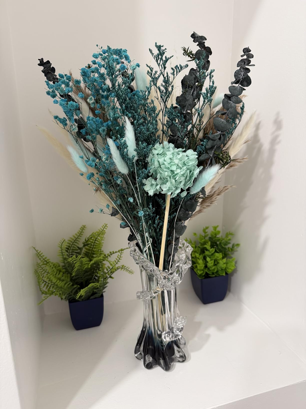 Hand Blown Blue Glass Vase, Unique Art Beautiful Ocean Glass Vase for Coastal Home Decor, Coffee Table, Living Room, Office Decor - 11.8