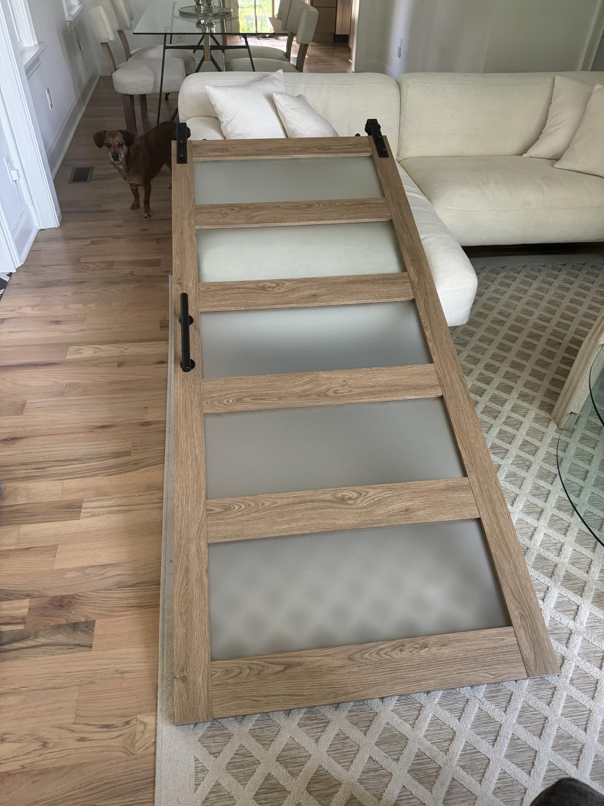 36in x 84in 5-Panel Sliding Glass Barn Door with 4ft Hardware Kit, Easy Assembly with Pre-Drilled Holes, Waterproof, Frosted Glass for Bathroom, Fit Max Opening 34in x 82in customer photo 1