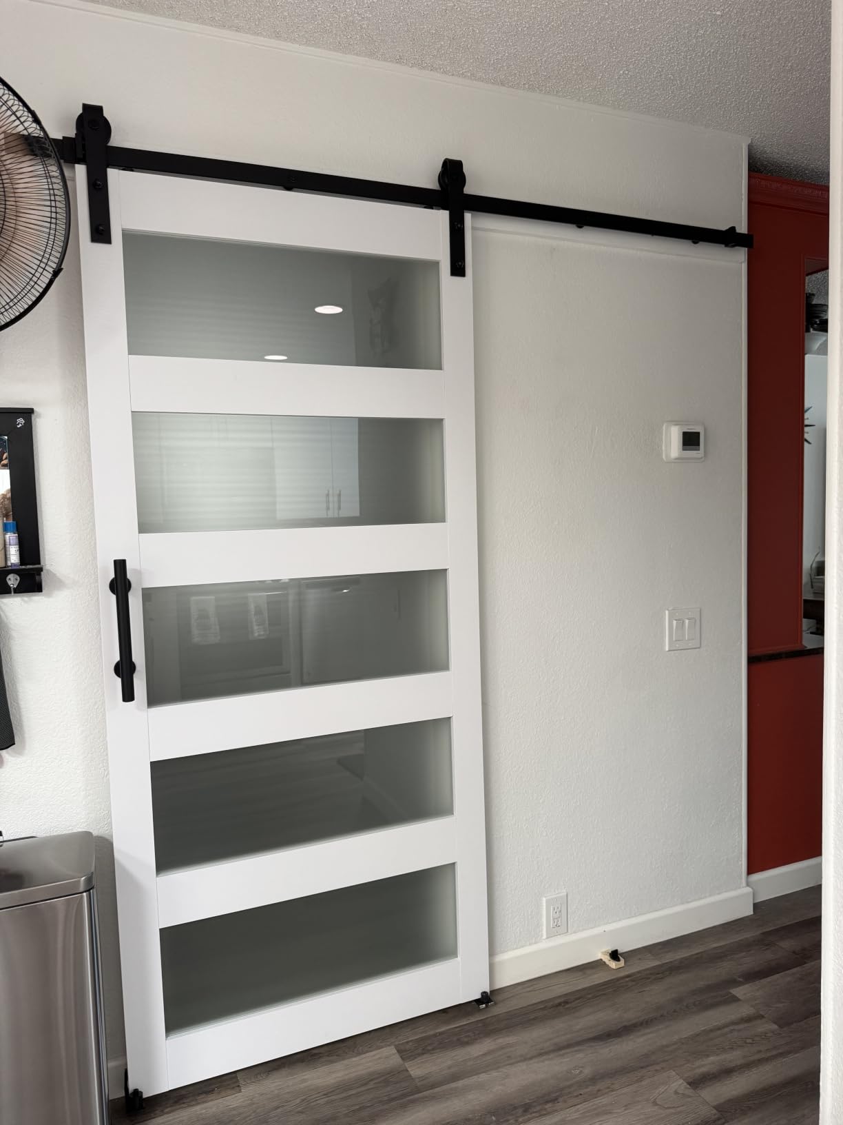 36in x 84in 5-Panel Sliding Glass Barn Door with 4ft Hardware Kit, Easy Assembly with Pre-Drilled Holes, Waterproof, Frosted Glass for Bathroom, Fit Max Opening 34in x 82in customer photo 2