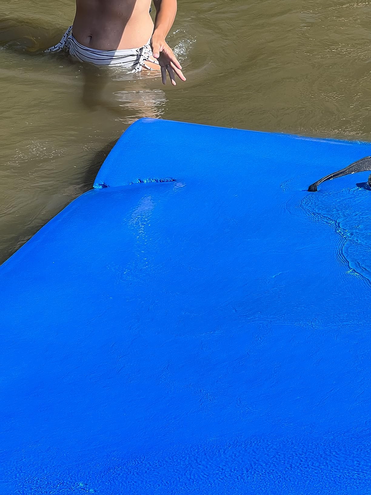 Max4out Water Floating Mat 9/12/18 FT Foam Lake Floats Floating Foam Pad Lily Pad for Water Recreation and Relaxing Lily Mat for Family Floating Pad for Pets Pool Float for Party (Blue/Yellow) customer photo 2