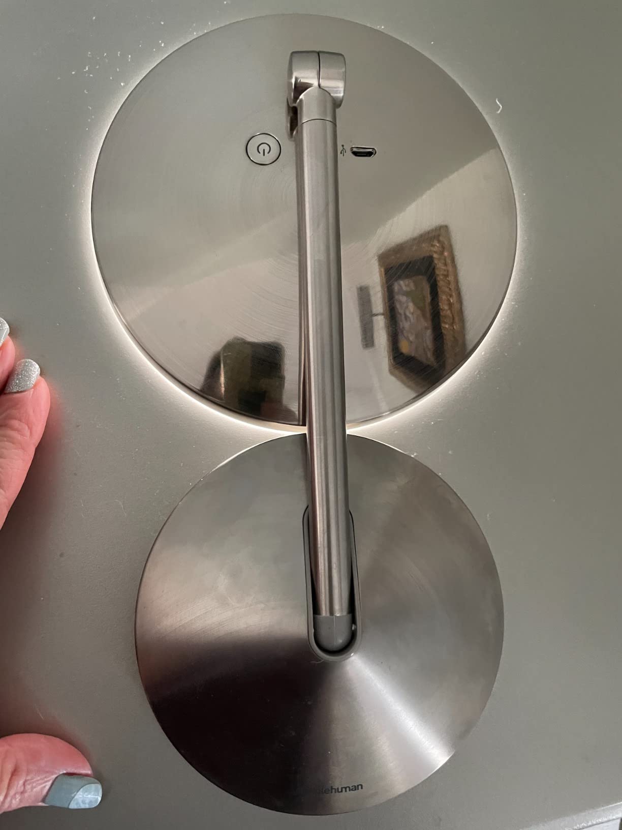 simplehuman Sensor Mirror Fold, 5'' with 10X Magnification, Round Rechargeable Travel Makeup Mirror, Tru-Lux® Full-Spectrum Light, Adjustable Brightness & Height, Brushed Stainless Steel customer photo 2
