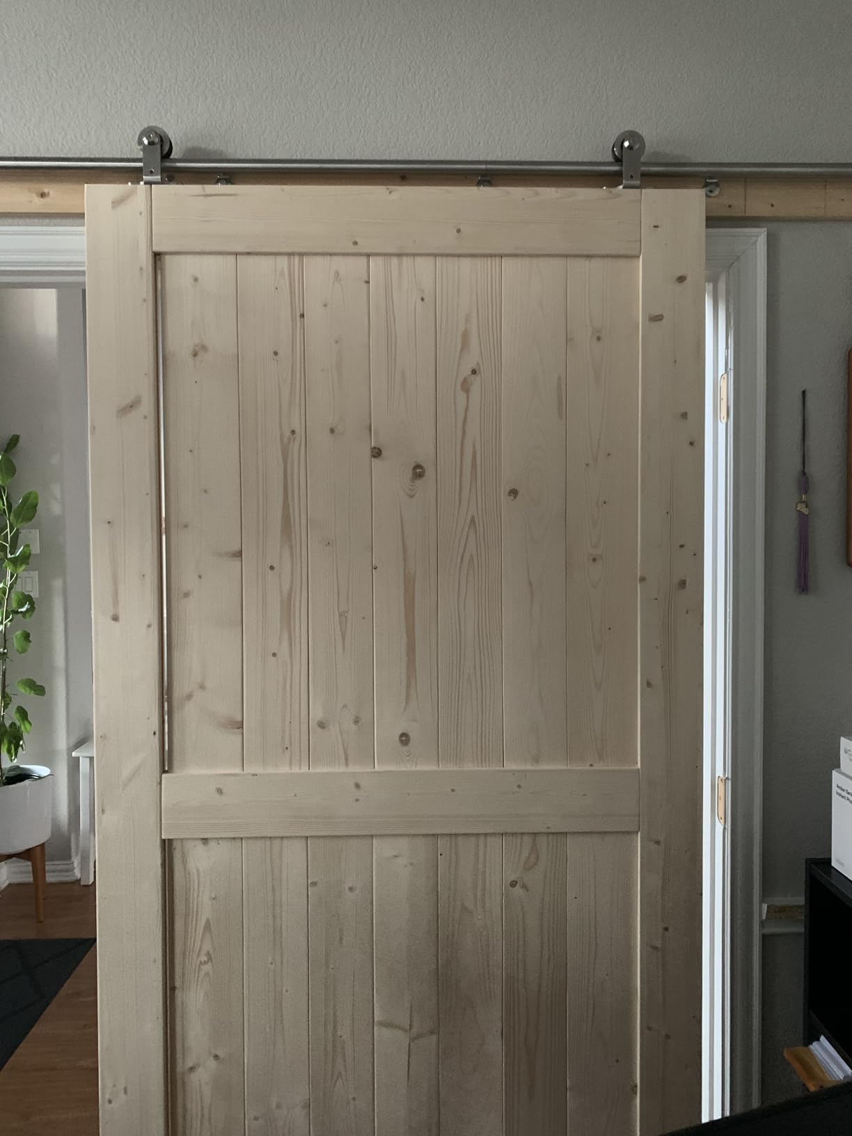 EaseLife 30in x 80in Sliding Barn Wood Door, Interior Doors, DIY Assembly, Solid Natural Spruce Panelled Slab, Easy Install, H-Frame customer photo 1