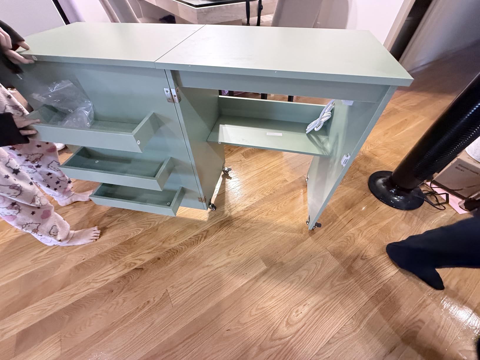 Giantex Folding Sewing Table with Charging Station, Storage Trays & Shelf | Rolling Craft Table with Lockable Wheels, Foldable Sewing Machine Cabinet Desk for Small Spaces, Dorms, Sage customer photo 1