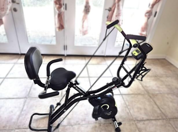 Foldable Exercise Bike, 8-Level Magnetic Stationary Bike for Home Gym | Quiet indoor workout bike with arm resistance bands, LCD monitor, and 300 lbs capacity for full-body cardio training customer photo 2