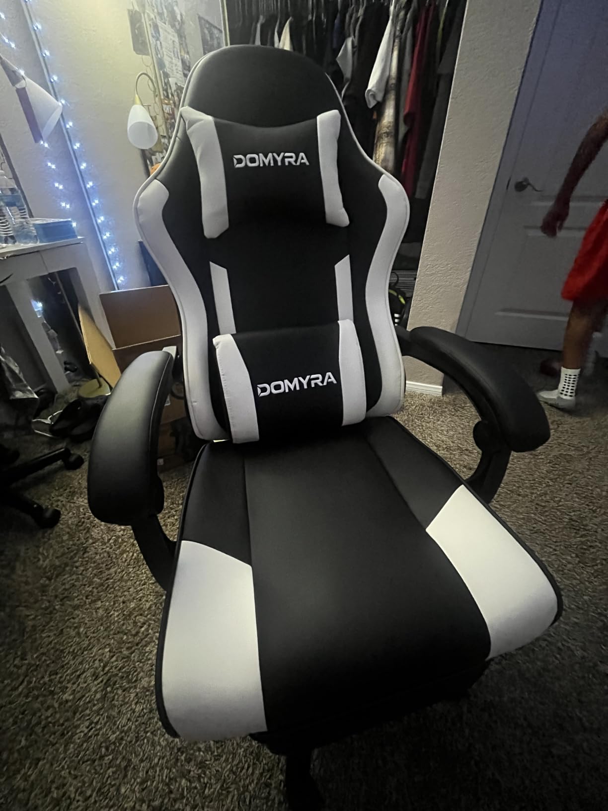 Gaming Chair Gamer Game Ergonomic with Footstool Lumbar Support Deep Black | Headrest, Height and Backrest Adjustable, Deep Black Leather, 210 KG Heavy Duty Load Capacity 52cm Wingless Cushion customer photo 1