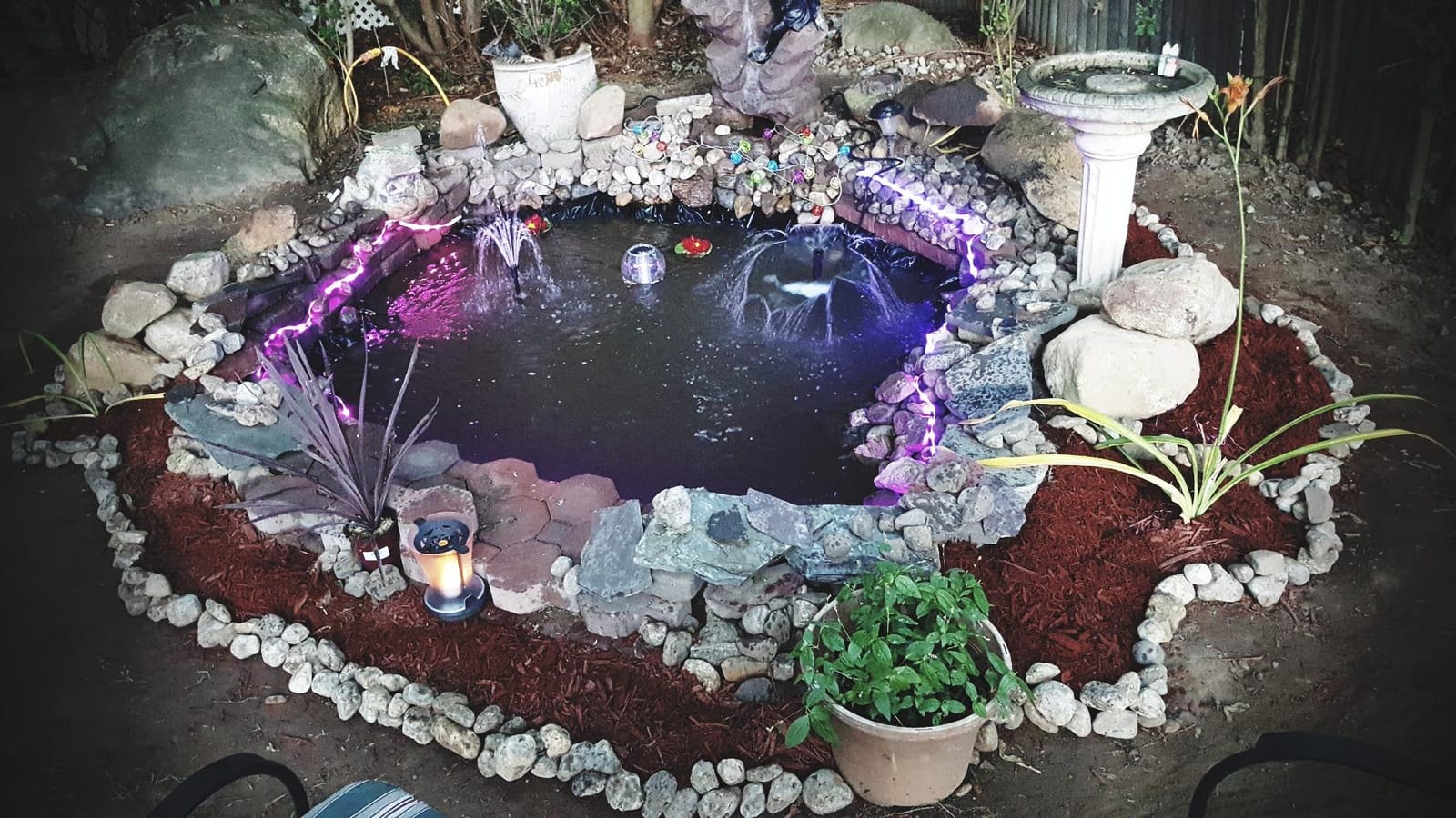 Koolatron Koolscapes 400 Gallon Starter Pond Kit with 340 GPH Pump, Water Bell and Double Daisy Fountain Nozzles, 10 x 10 Ft Flexible Liner, Floating Solar Light, Fish-Friendly Backyard Koi Pond Kit customer photo 1