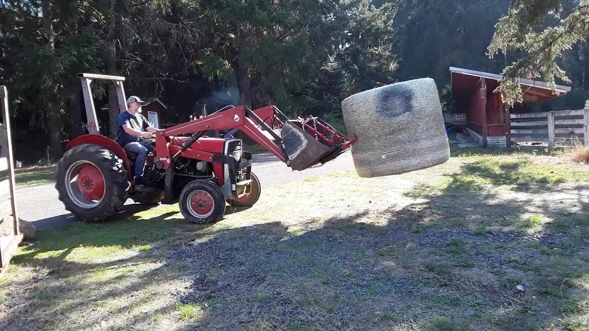 Titan Attachments Dual Prong Hay Bale Spear Attachment, Universal Loader Bucket Attachment, 3000 LB Capacity, Conus 2 Tines, Chains and Ratchet Binders Included (Hay Spear Length: 43