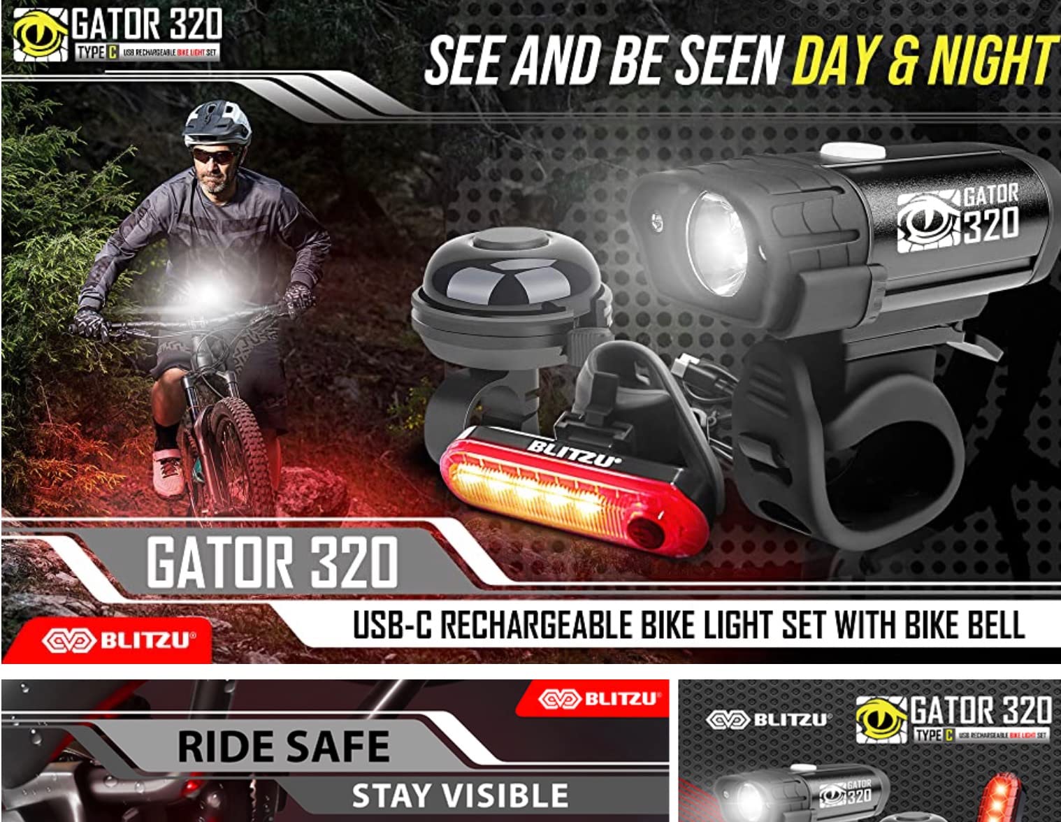 USB Rechargeable Bike Lights Set with Bell, LED Bicycle Front Rear Light | BLITZU Gator 320, Super Bright Visibility, 5+4 Modes, Waterproof, Long Runtime for Night Cycling Safety, Fast Charging customer photo 1