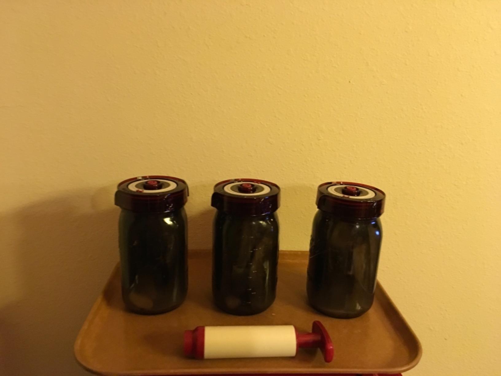 Fermenting Lids for wide mouth mason jars. 4 waterless airlock fermentation lids kit. Easy Grip fermenter lid with Oxygen Pump automatically Vents air. Tracks ferment date. (4 Lids + Pump) customer photo 2