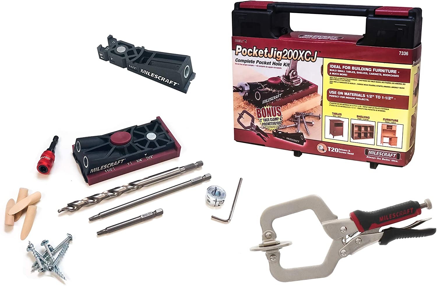 Milescraft Pocket Jig 200XCJ - Woodworking Tool Bundle with Double Barrel & Single Barrel Pocket Hole Jigs, 2