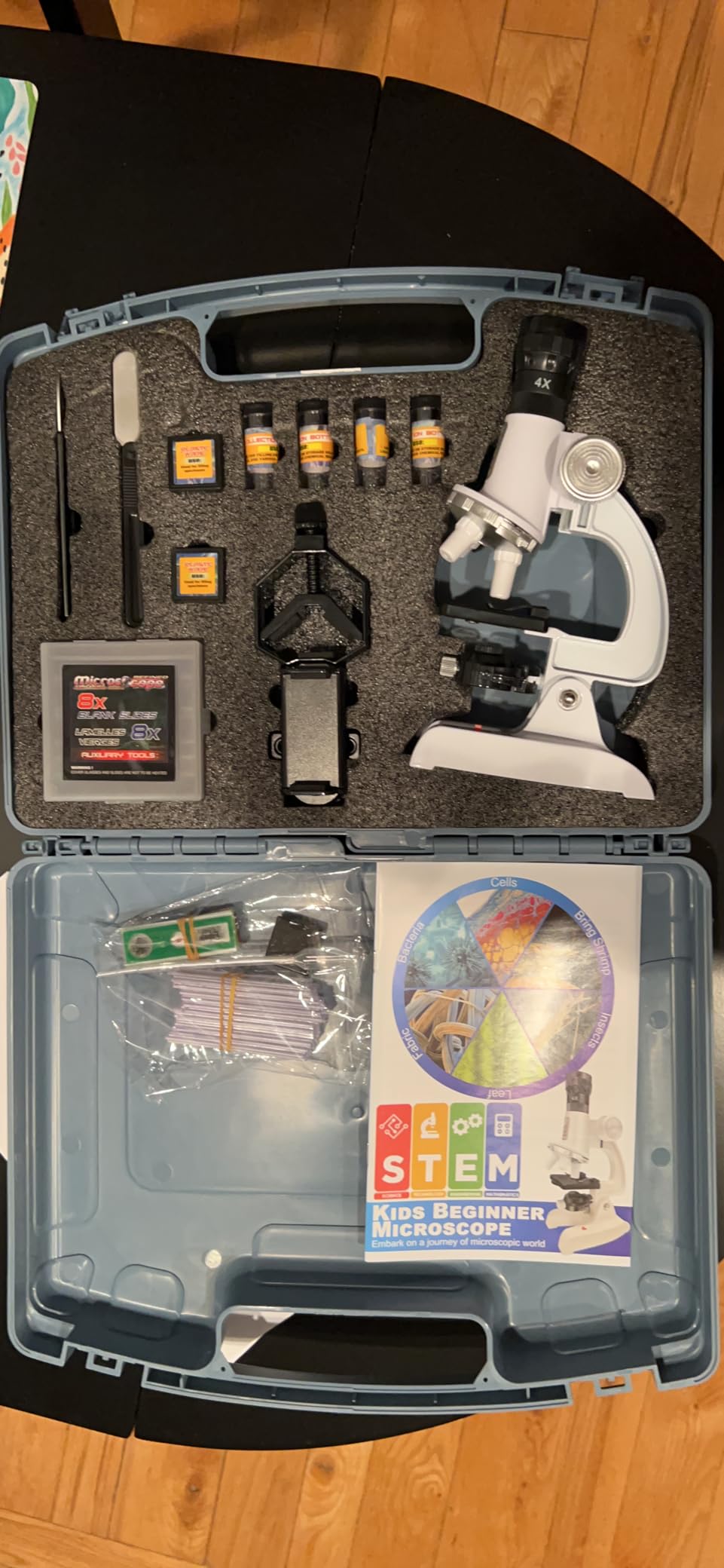 58-Piece Kids Microscope Kit - 100X-1200X Magnification, Metal Body, LED Light, Carrying Box - Science Experiment Toy for Kids Ages 5-12 customer photo 1
