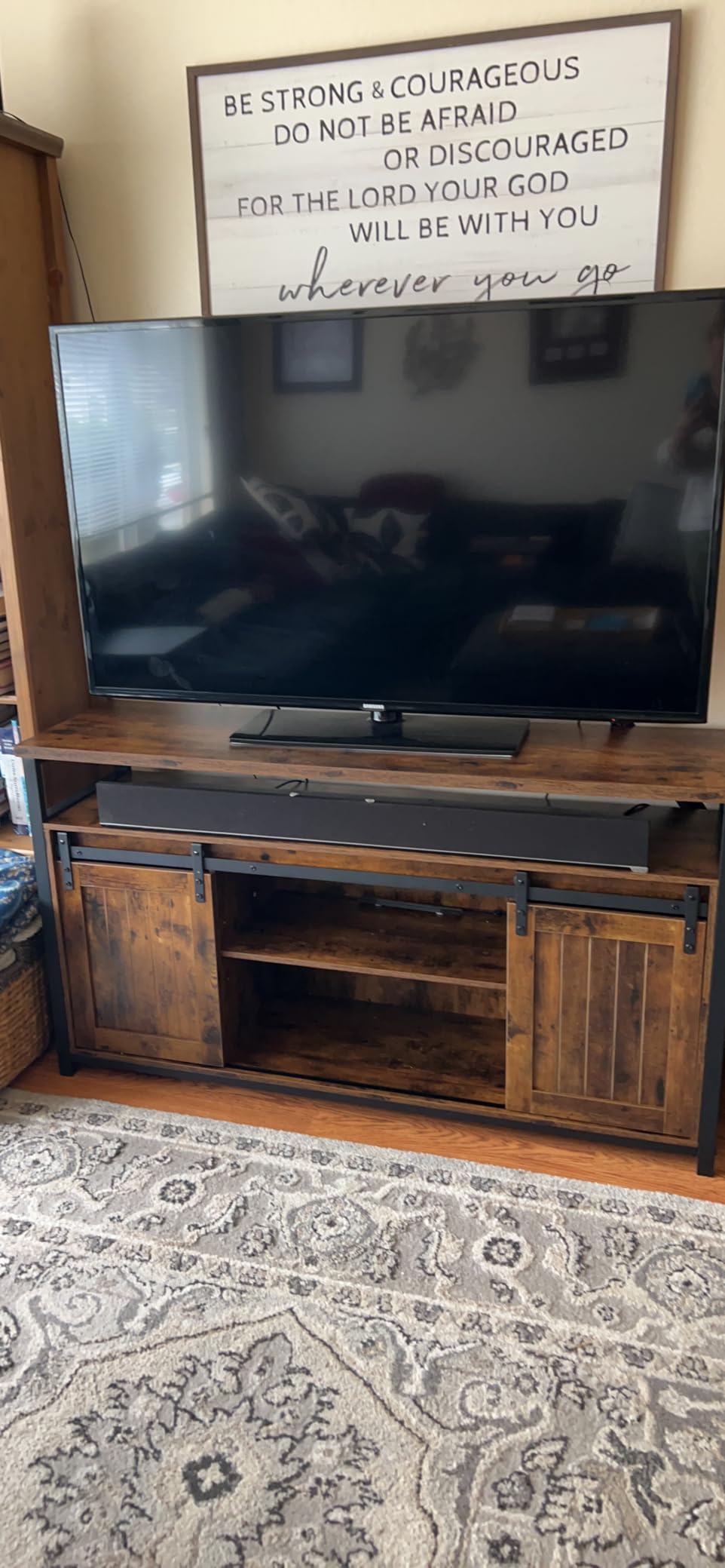 Yaheetech Farmhouse TV Stand for 55 Inch, Sliding Barn Door, Rustic Brown | Sturdy Engineered Wood, Metal Frame Living Room Entertainment Center with Cabinet Storage, Adjustable Shelves for Large TV customer photo 1