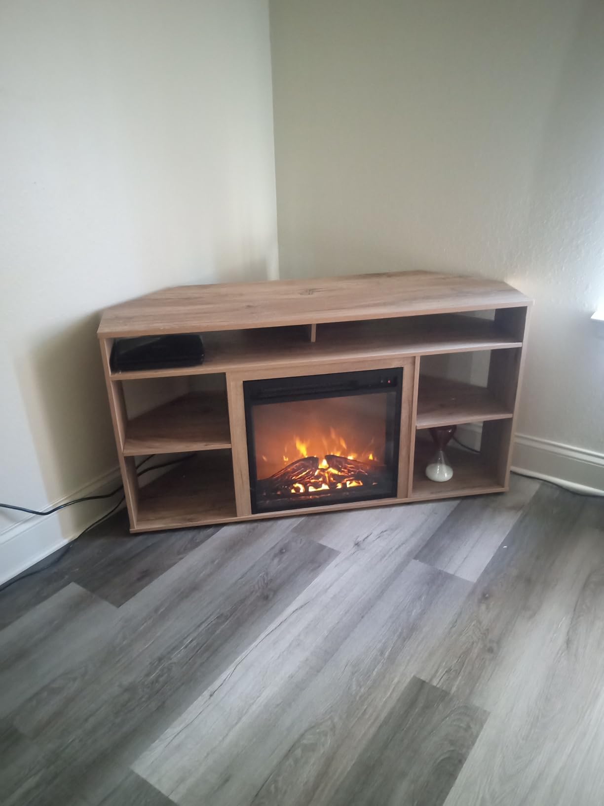 Furinno Jensen Corner TV Stand with Fireplace for TV up to 55 Inches, French Oak Grey customer photo 1