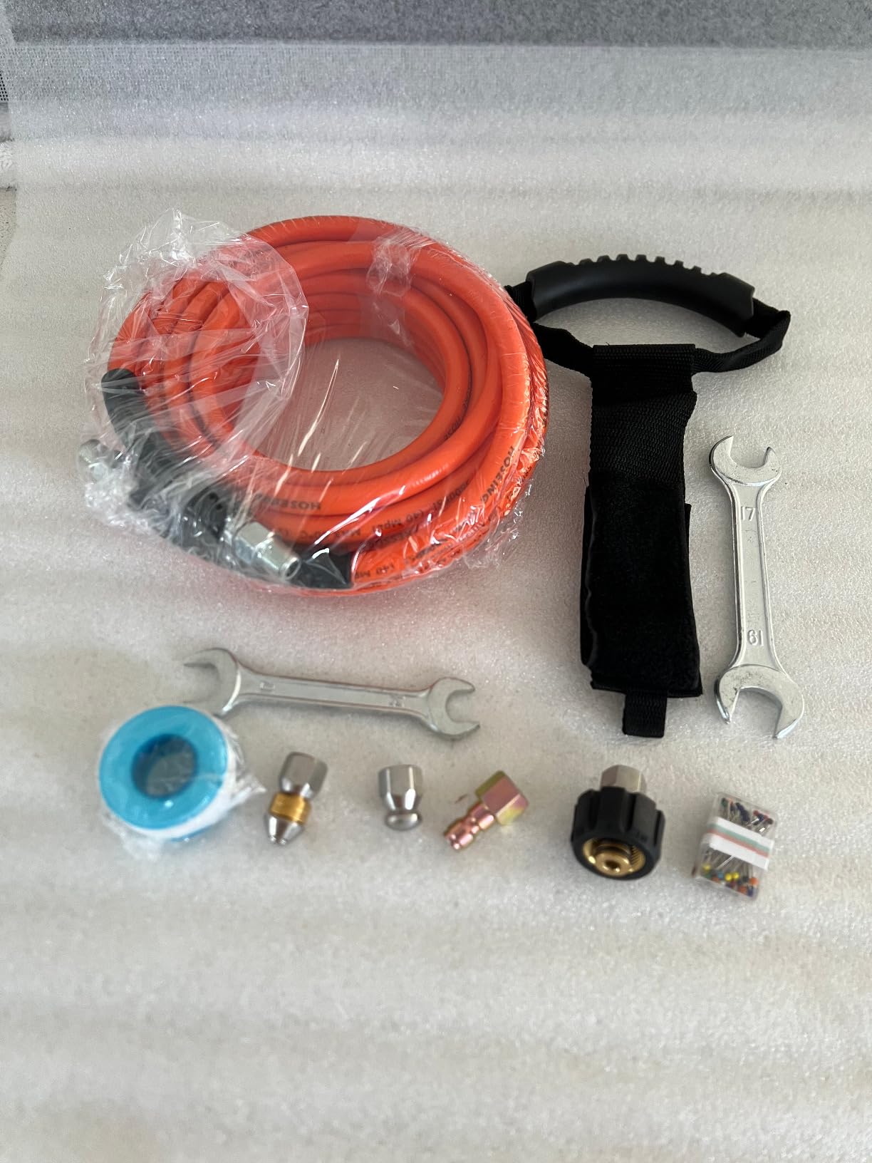 100FT Pressure Washer Sewer Jetter Kit, 5800 PSI Water Jet Drain Cleaner Hose with Corner Rotating Button Nose Nozzle, Sewer Jetting Nozzles Kit with Spanner Handle Strap customer photo 1
