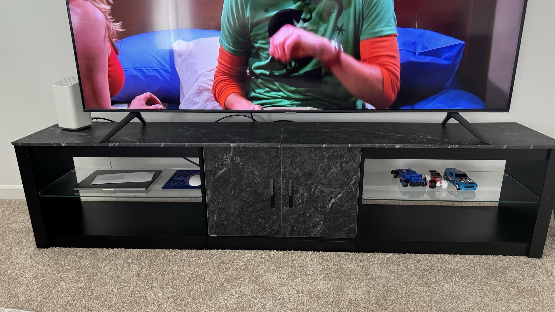 Bestier 80 Inch TV Stand for 75/85/86 inch TVs, LED Gaming Entertainment Center for PS5 with Storage Cabinet & Adjustable Glass Shelves, Large TV Console Table for Living Room Bedroom, Black Marble customer photo 2