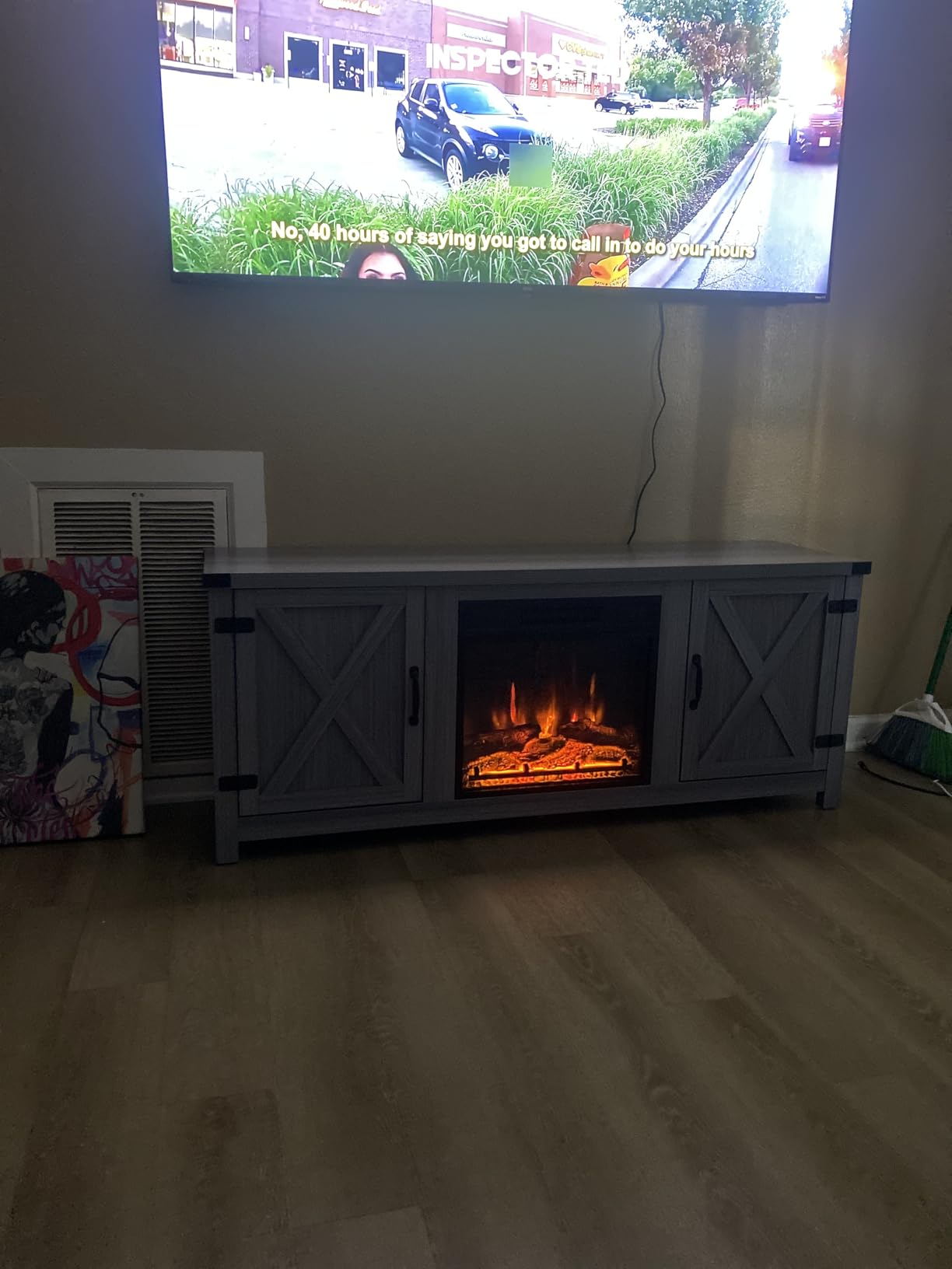 YESHOMY 58 Inch Fireplace TV Stand for TVs up to 65 Inch, Gray Wash | Entertainment center for living rooms with two barn doors, storage cabinets, and farmhouse media console design customer photo 1