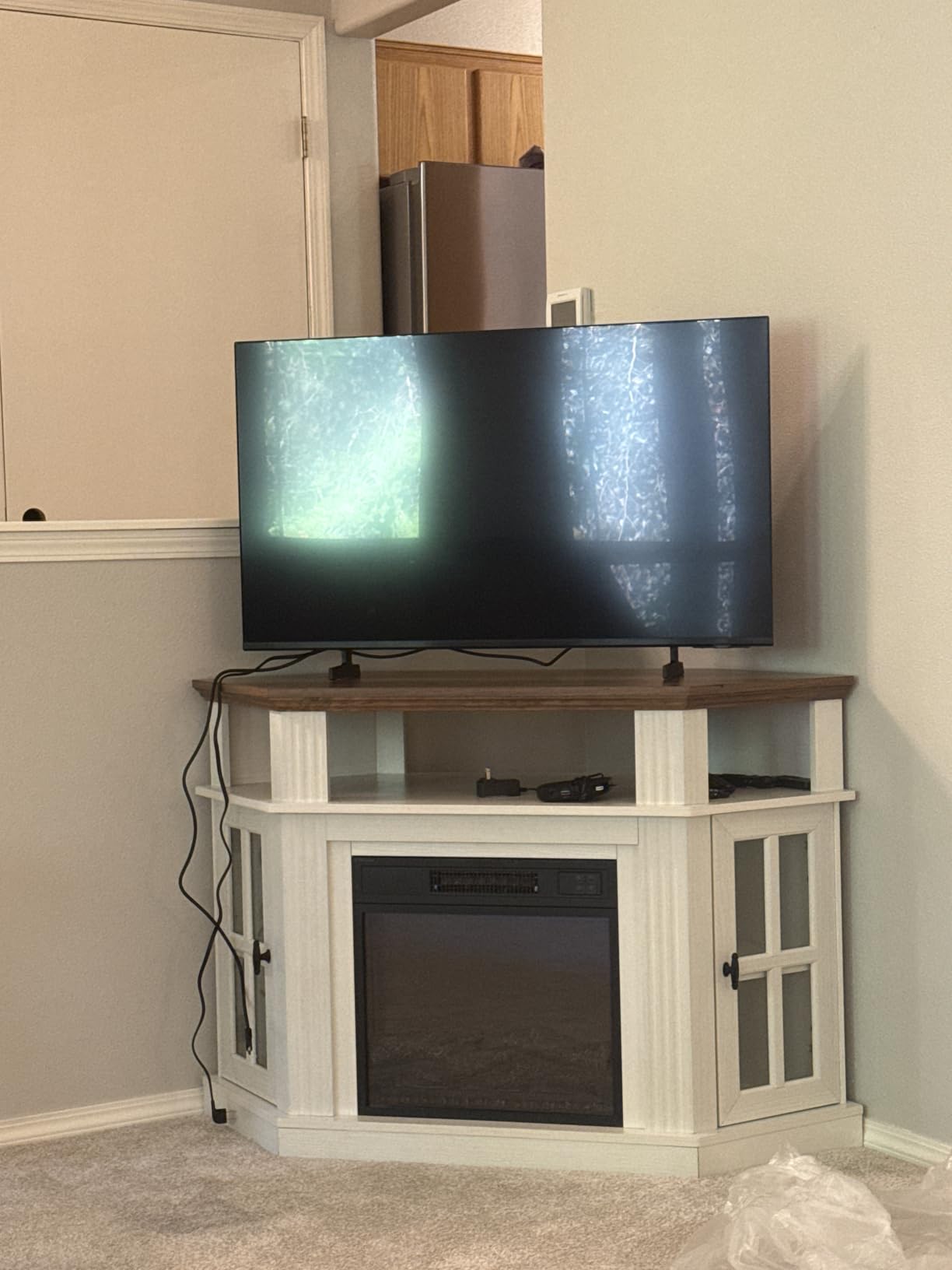 Flamaker Corner Fireplace TV Stand for TVs up to 55 Inch, White | Entertainment Center with 18 Inch Fireplace, Glass-Door Storage Cabinet, Open Shelf, Space-Saving Corner Design customer photo 2