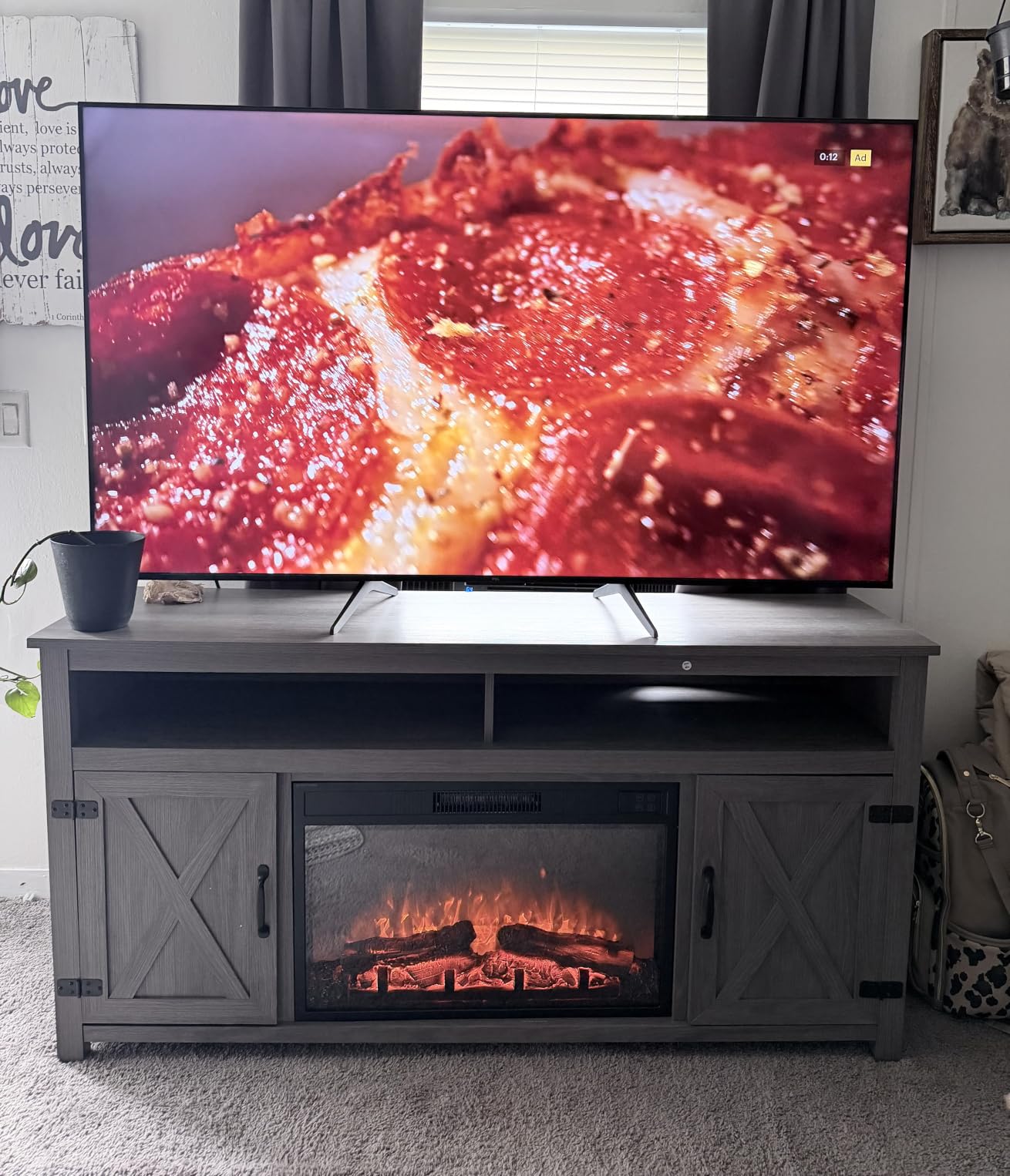 Furmax Farmhouse Fireplace TV Stand for TVs Up to 65 Inch Highboy Entertainment Center with Open Storage and Side Cabinets Rustic Media Console Table with Barn Doors for Living Room (Barnwood) customer photo 1