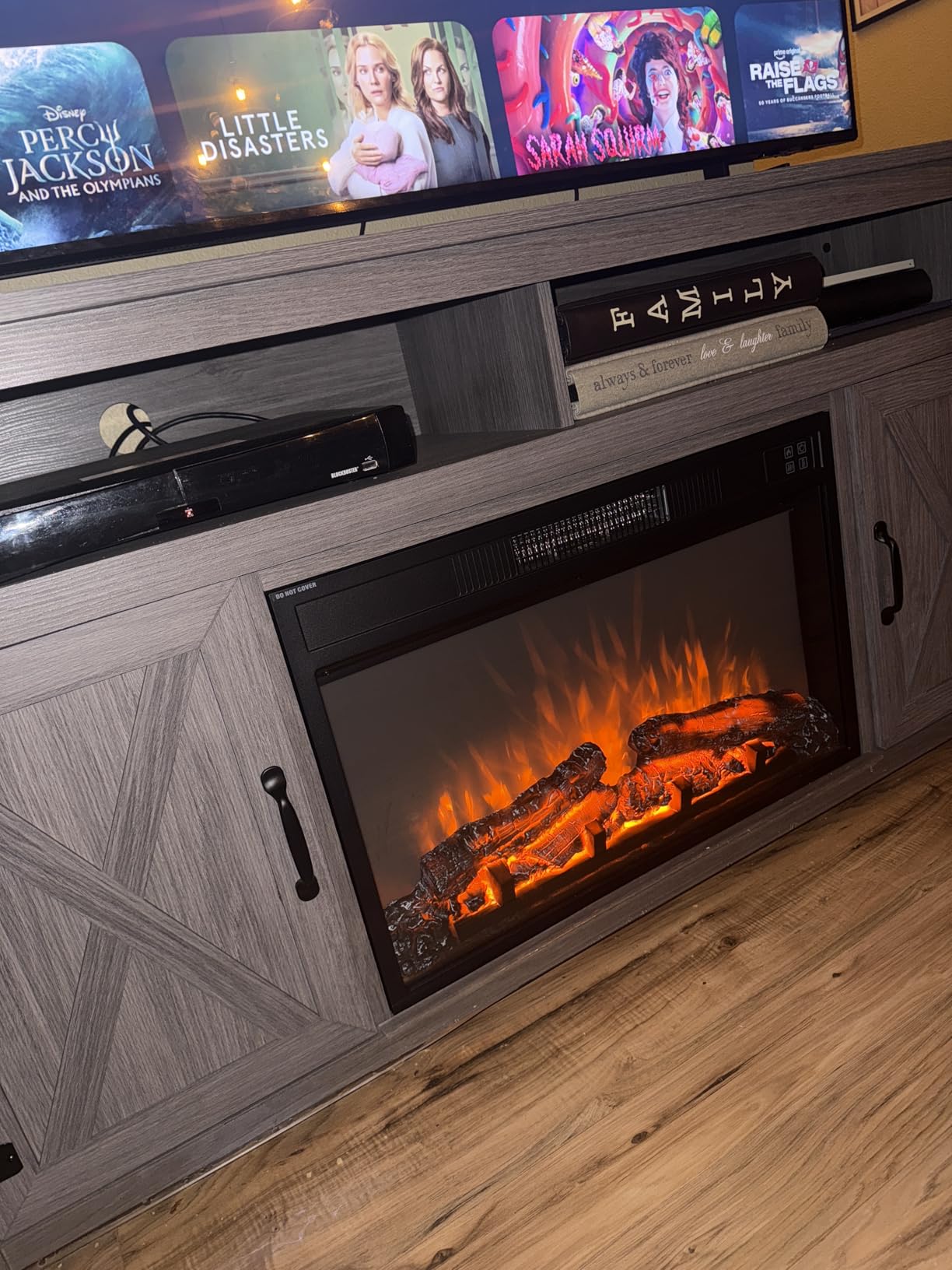 Furmax Farmhouse Fireplace TV Stand for TVs Up to 65 Inch Highboy Entertainment Center with Open Storage and Side Cabinets Rustic Media Console Table with Barn Doors for Living Room (Barnwood) customer photo 2